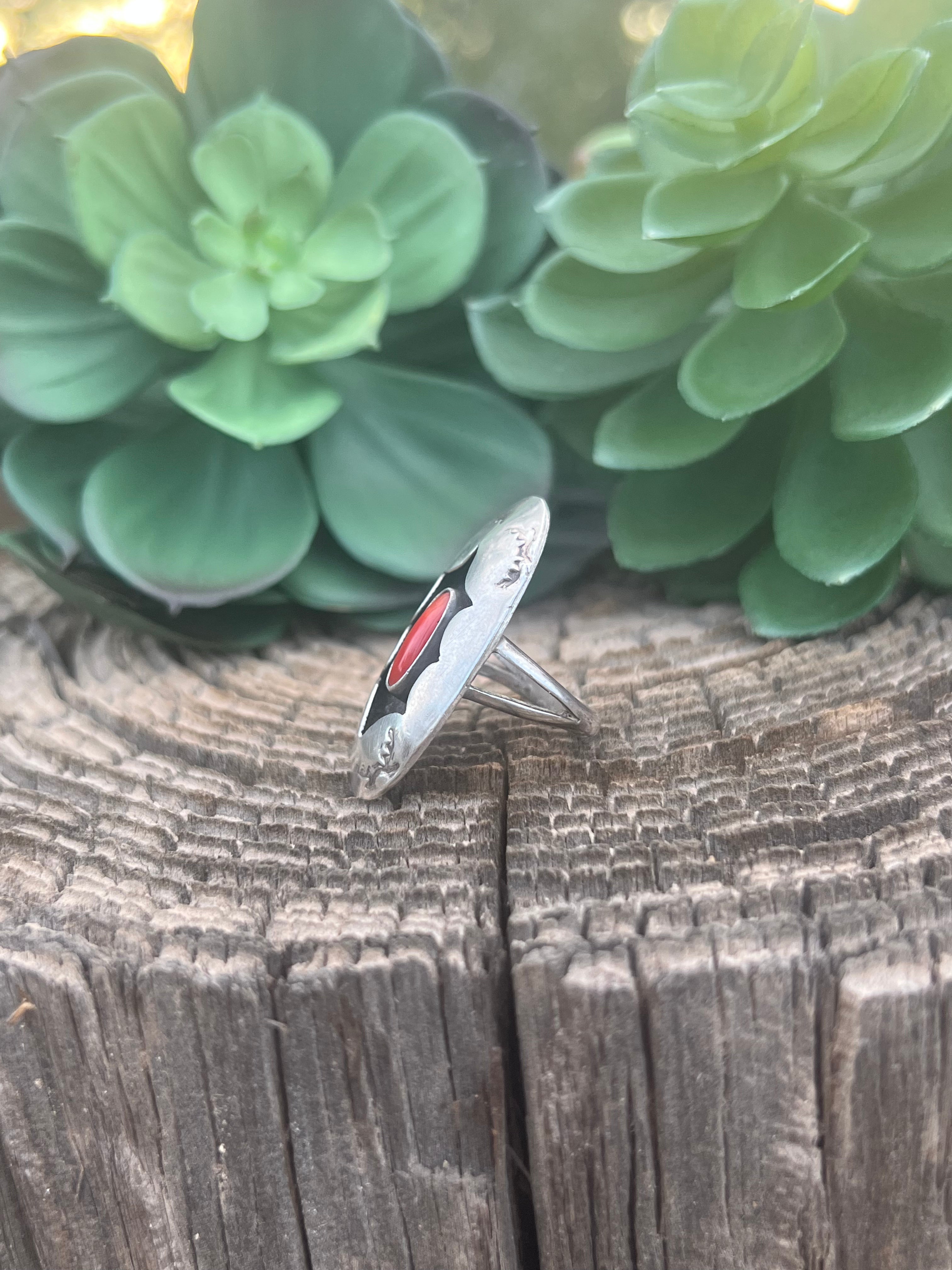 Vintage Navajo Coral & Sterling Silver Rings Size 6