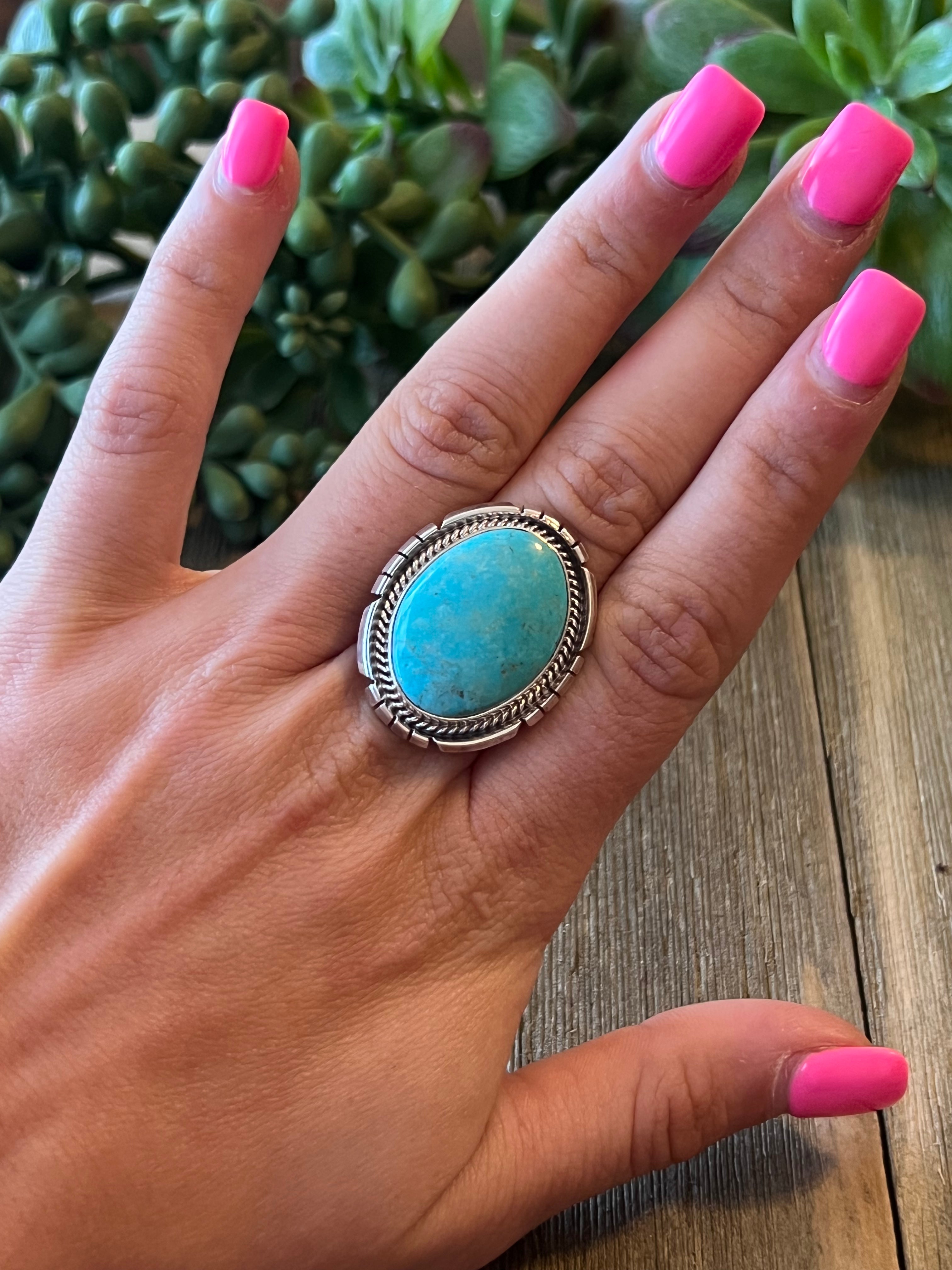 Navajo Made Kingman Turquoise & Sterling Silver Ring Size 5.75