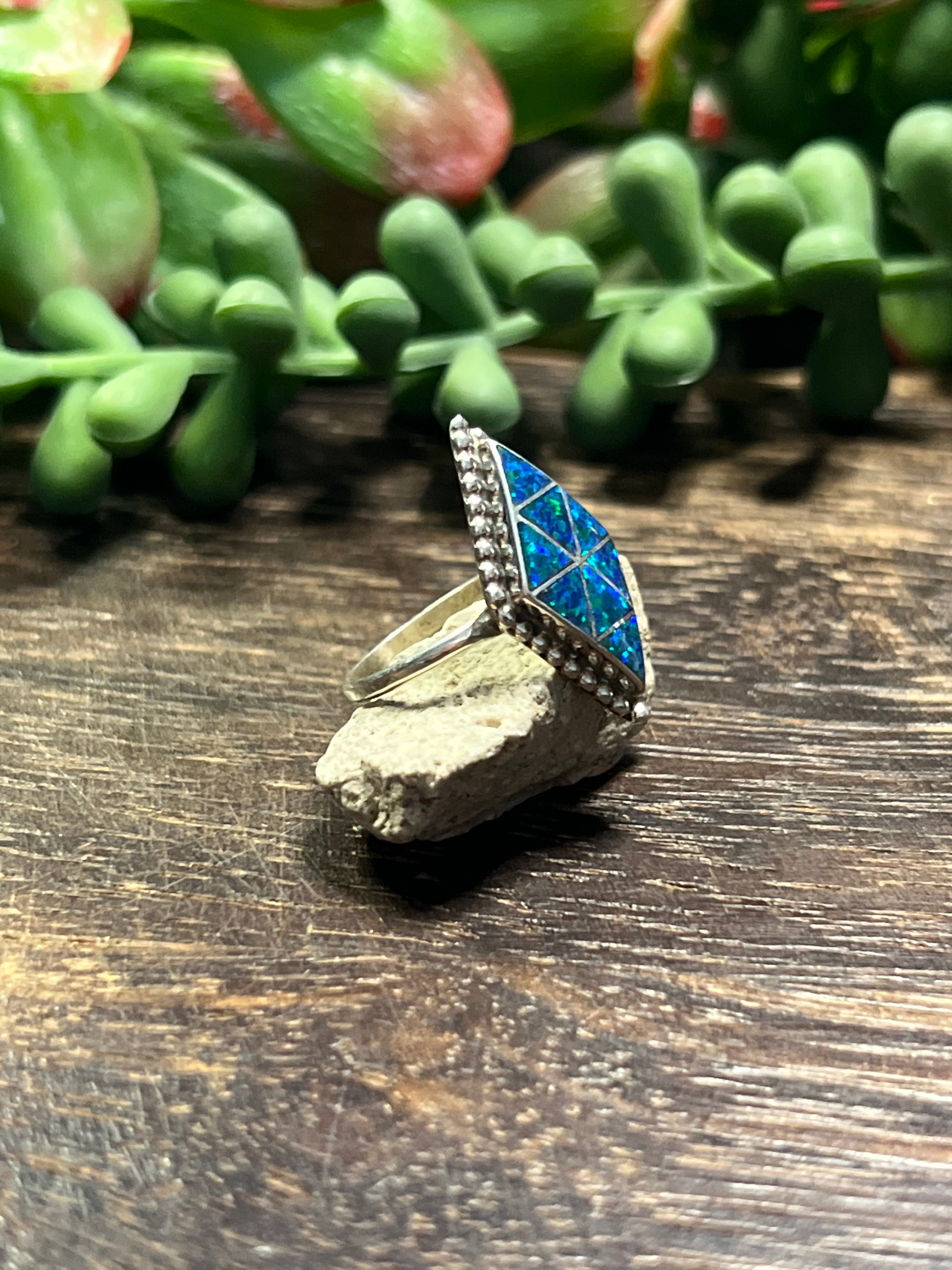 Zuni Made Blue Opal (Man Made) & Sterling Silver Inlay Ring Size 8