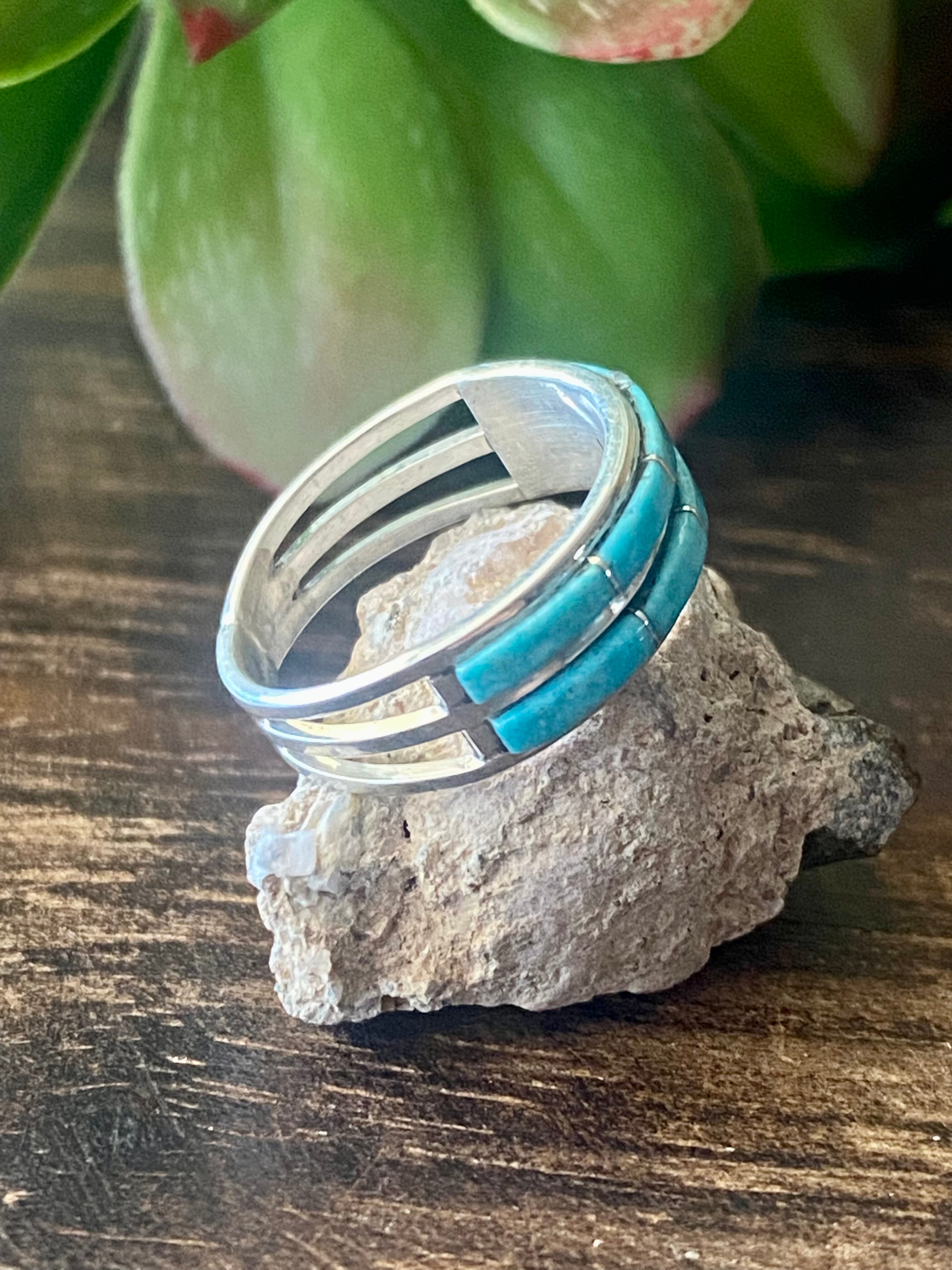 Navajo Made Kingman Turquoise & Sterling Silver Inlay Ring