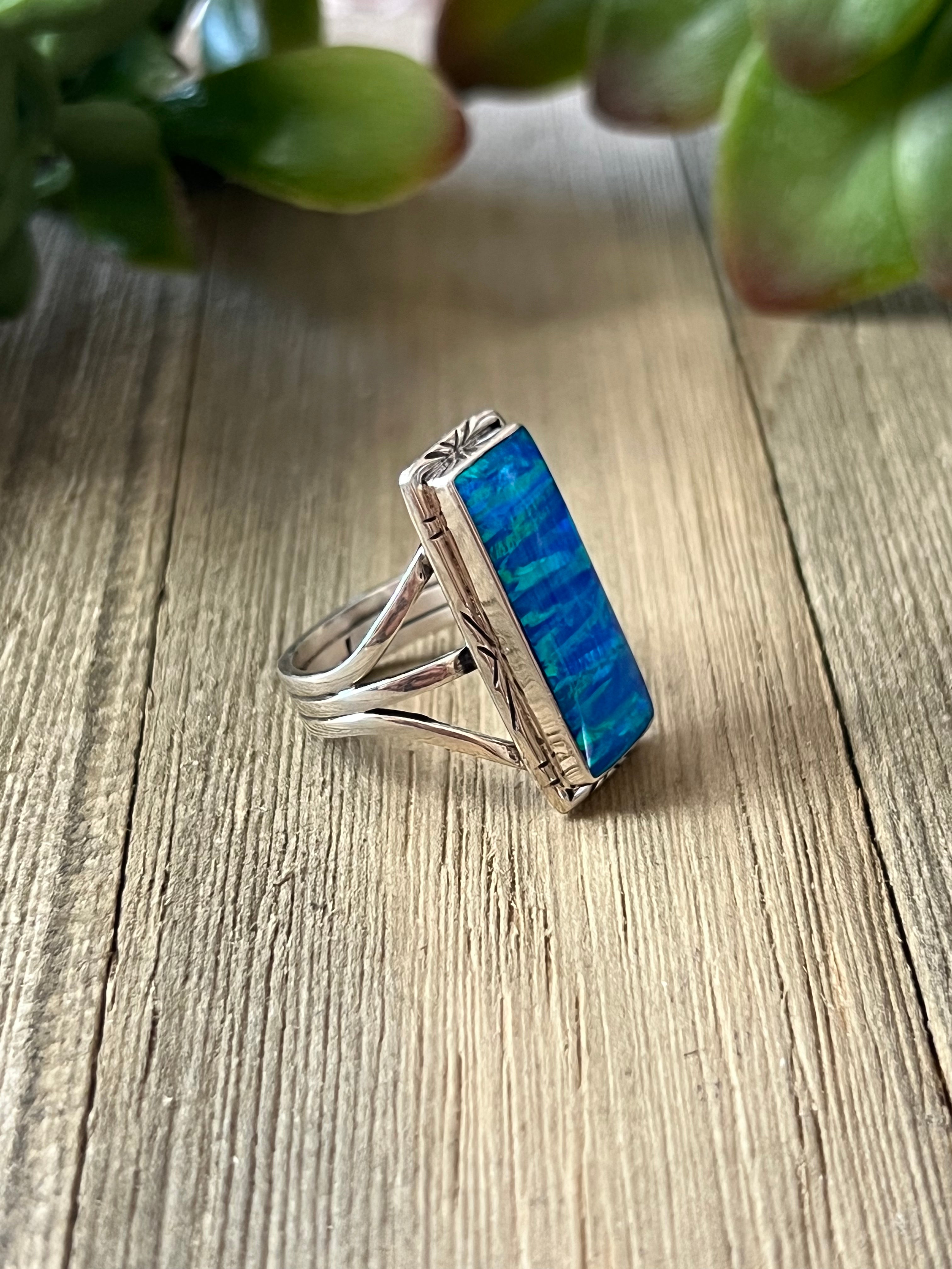 Navajo Made Blue Opal (Man Made) & Sterling Silver Ring Size 6.5