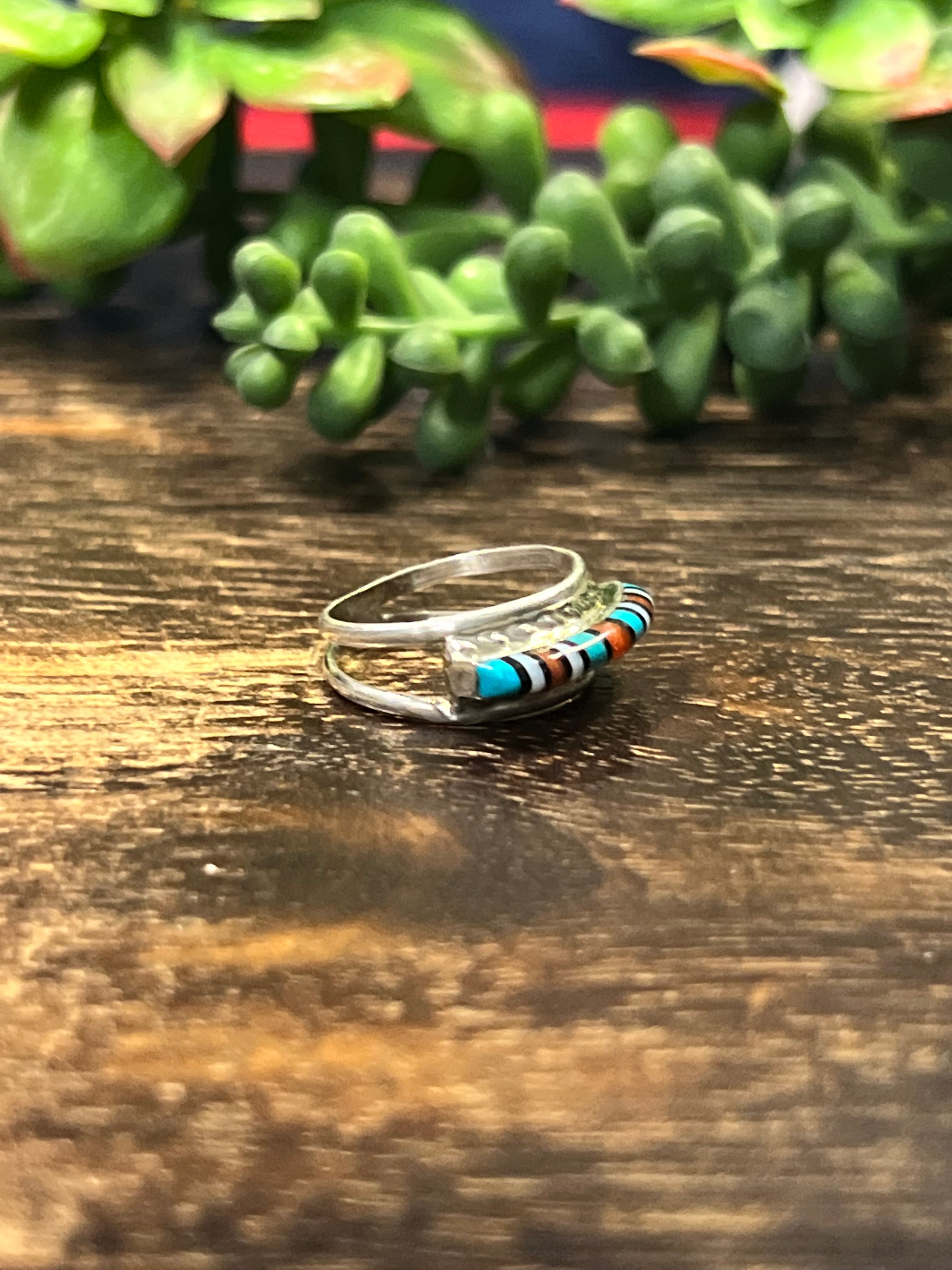 Navajo Made Multi Stone & Sterling Silver Inlay Ring Size 5.75