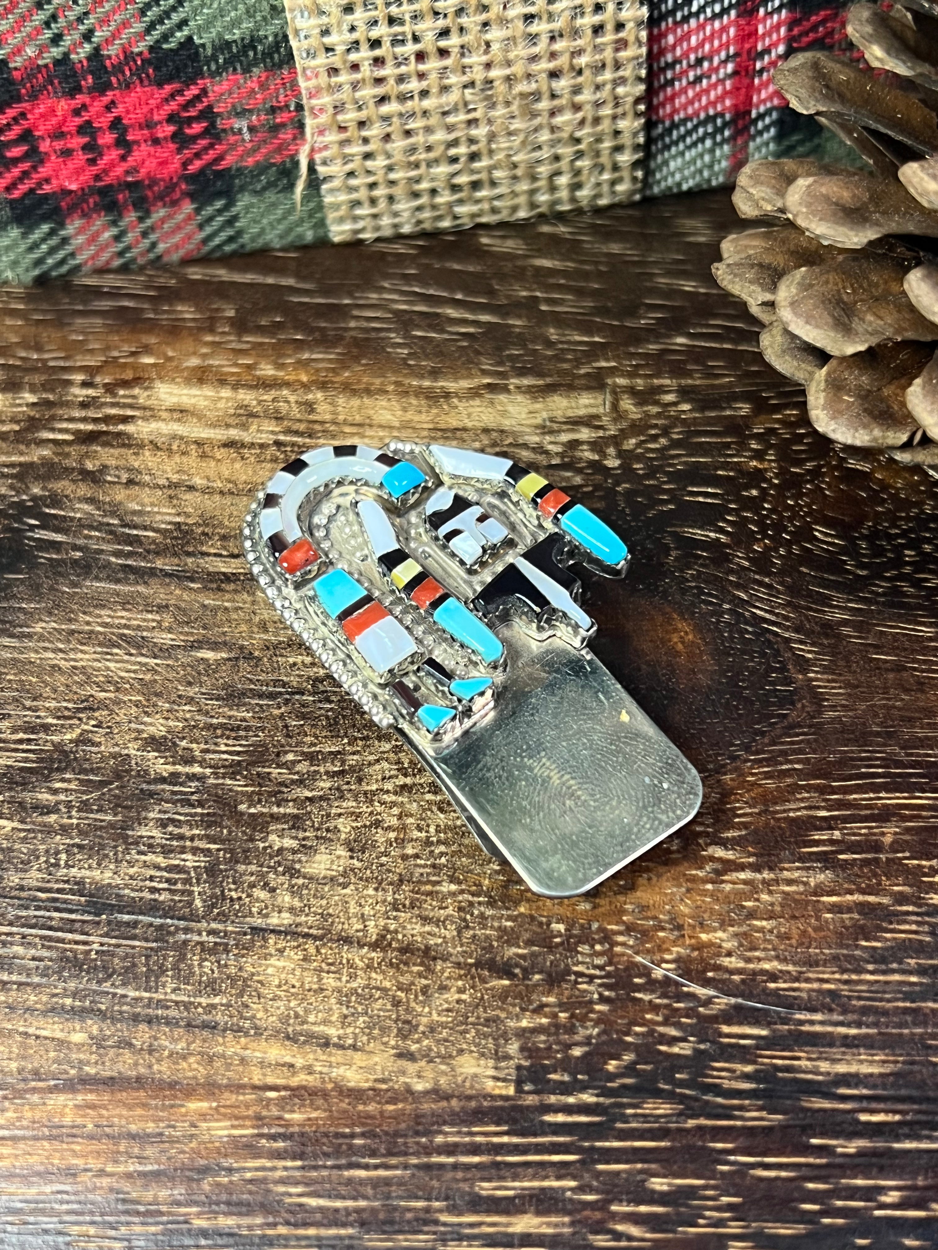 Navajo Made Multi Stone & Sterling Silver Inlay Money Clip