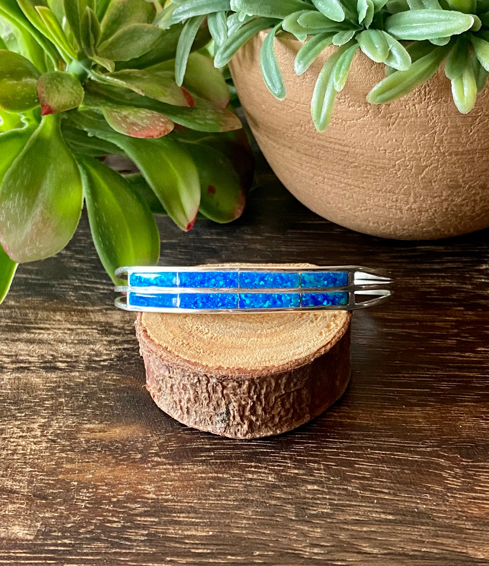 Navajo Made Blue Opal & Sterling Silver Inlay Cuff Bracelet
