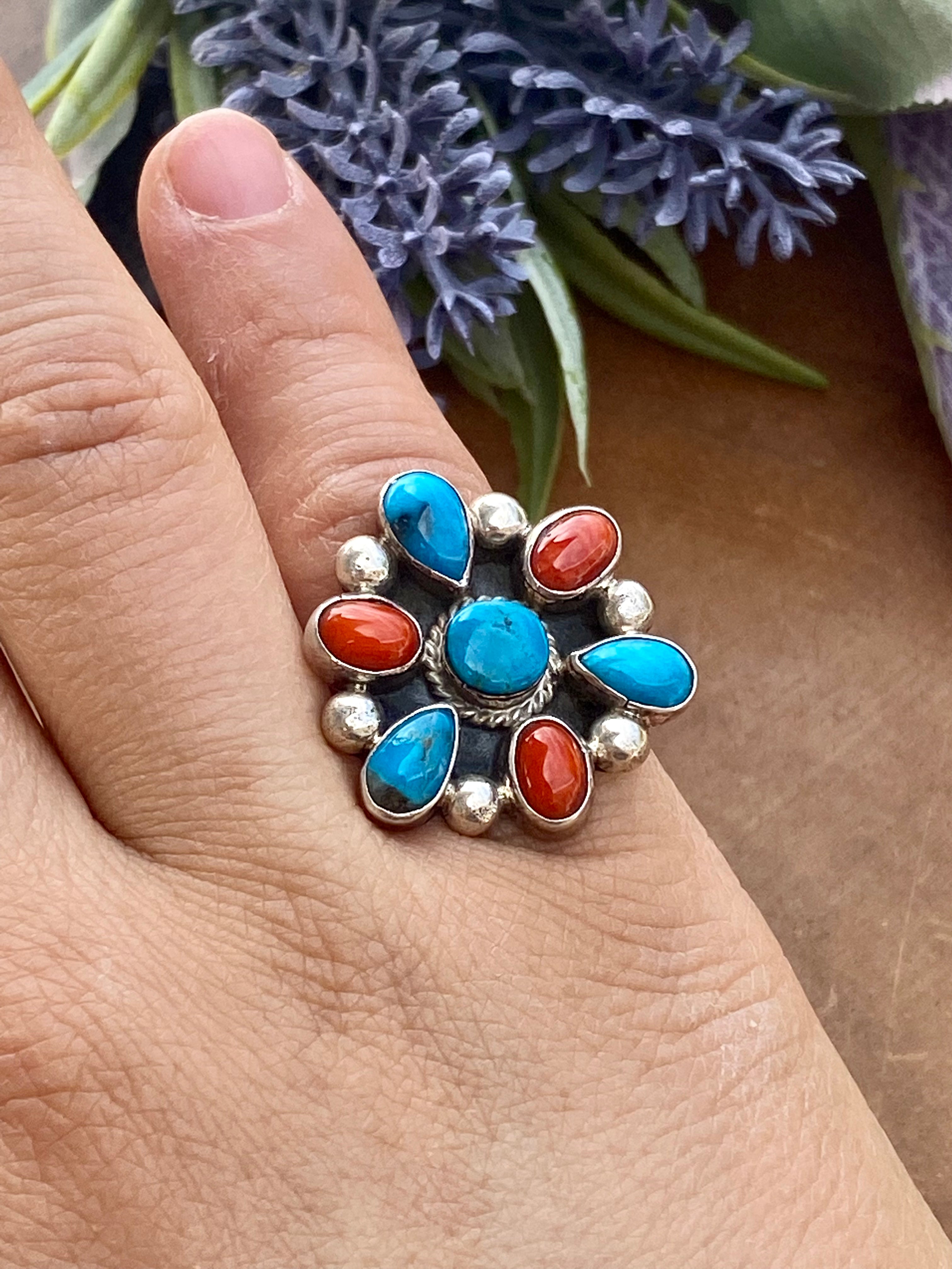 Navajo Made Multi Stone & Sterling Silver Ring Size 5.75