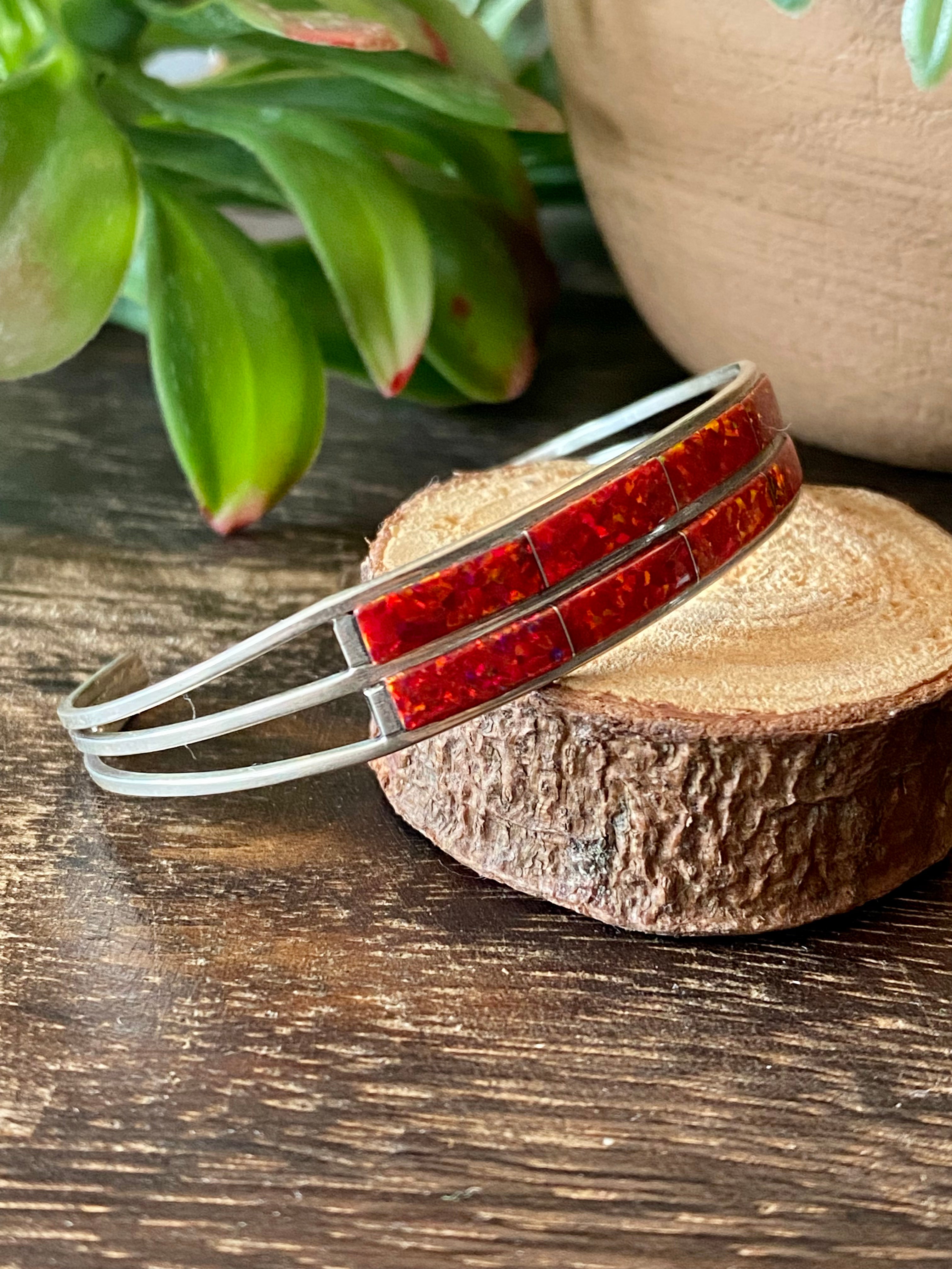 Navajo Made Red Opal & Sterling Silver Inlay Cuff Bracelet