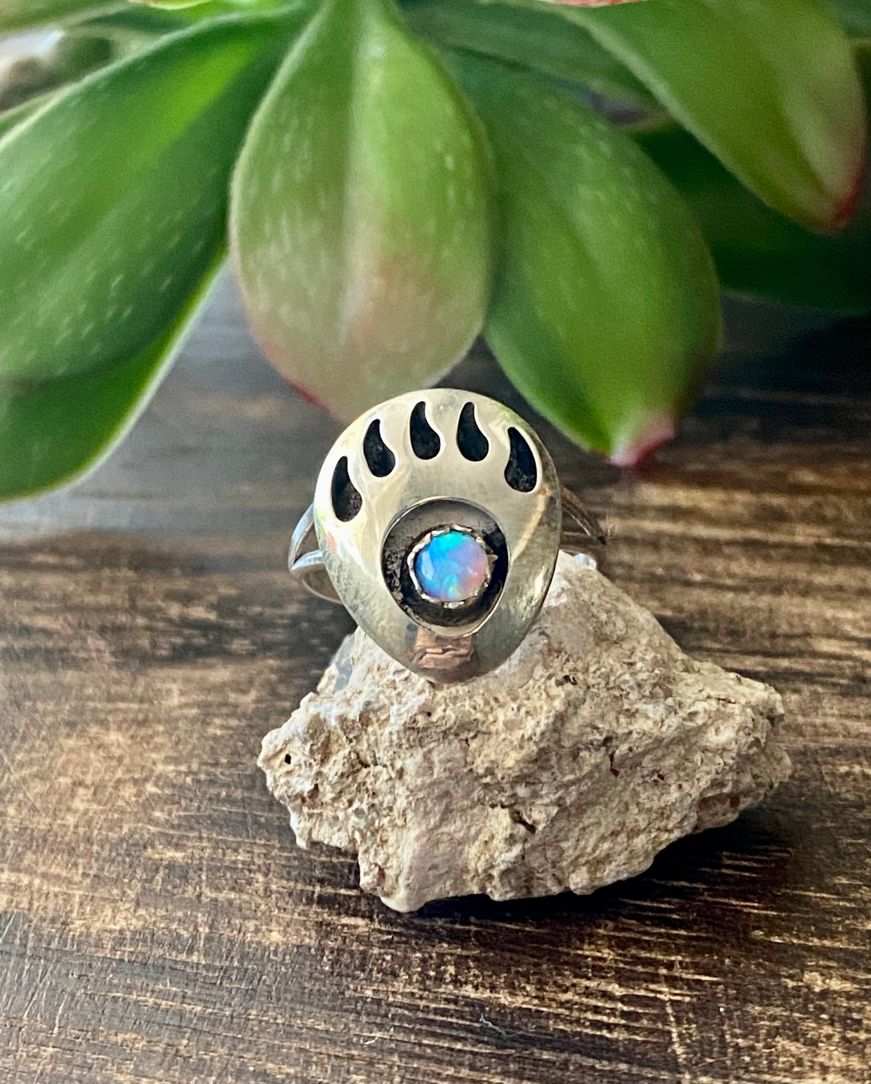 Navajo Made Blue Opal & Sterling Silver Bear Claw Ring Size 6.25