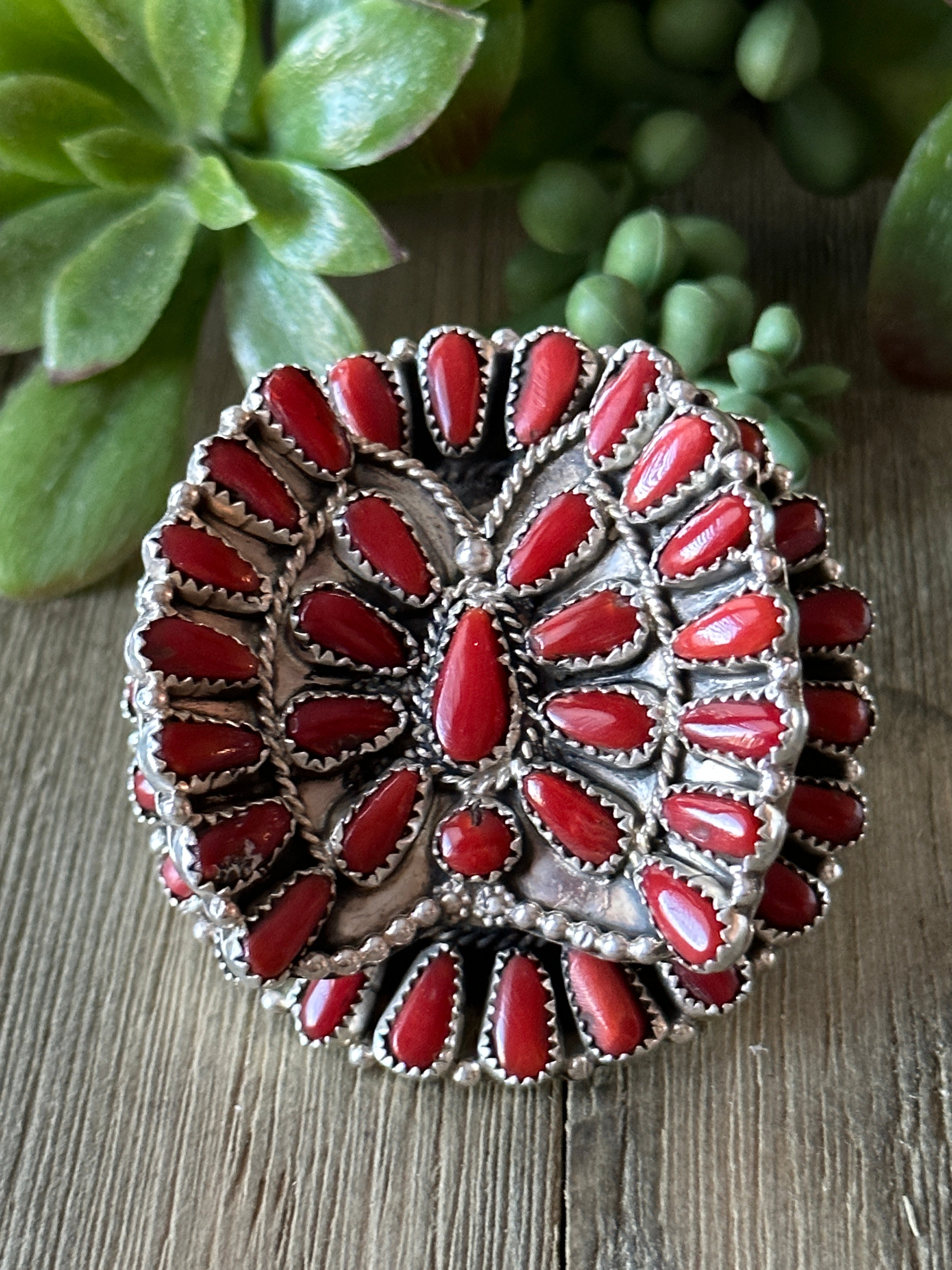 Navajo Made Coral & Sterling Silver Butterfly Cluster Adjustable Ring