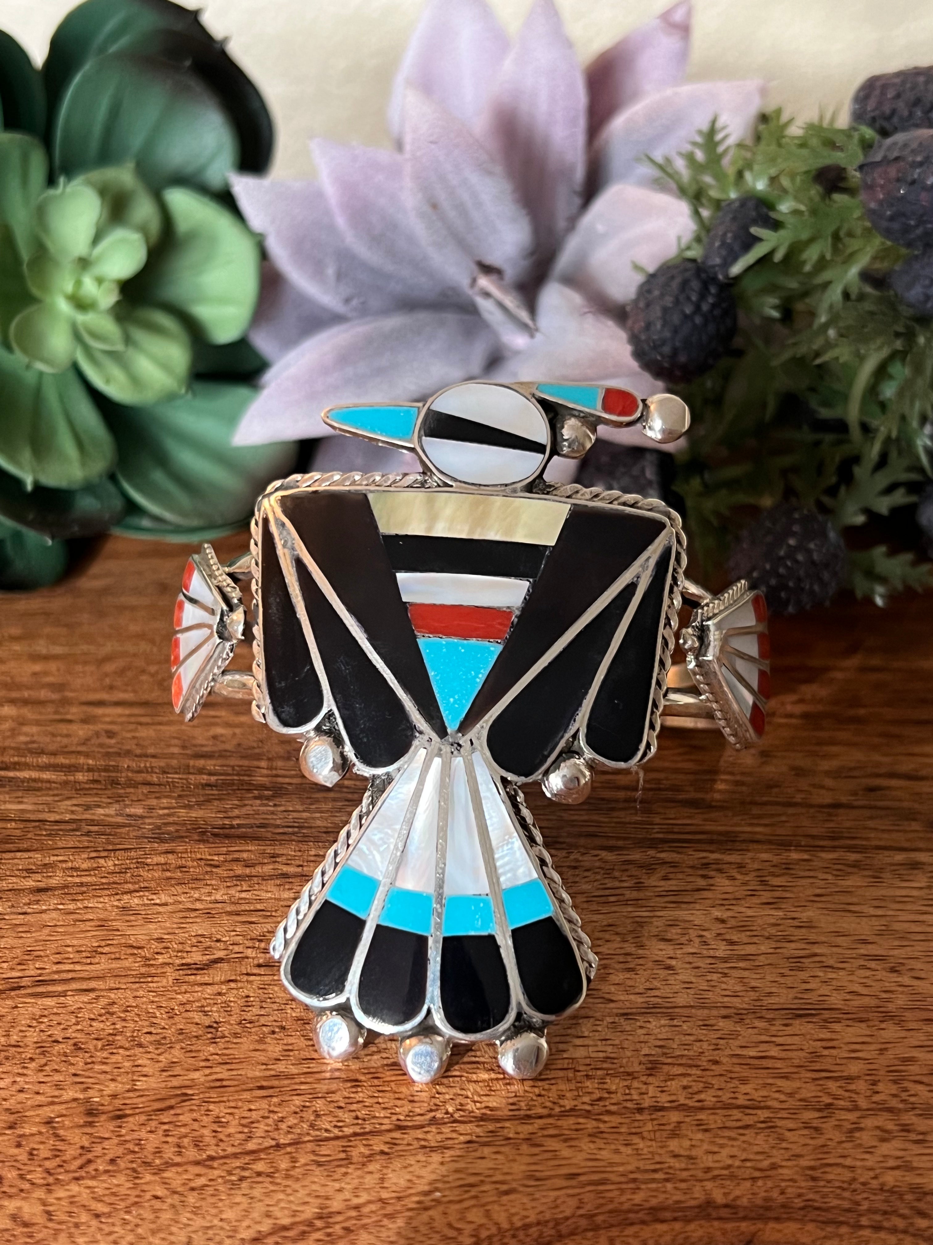 Navajo Made Multi Stone & Sterling Silver Inlay Thunderbird Cuff Bracelet