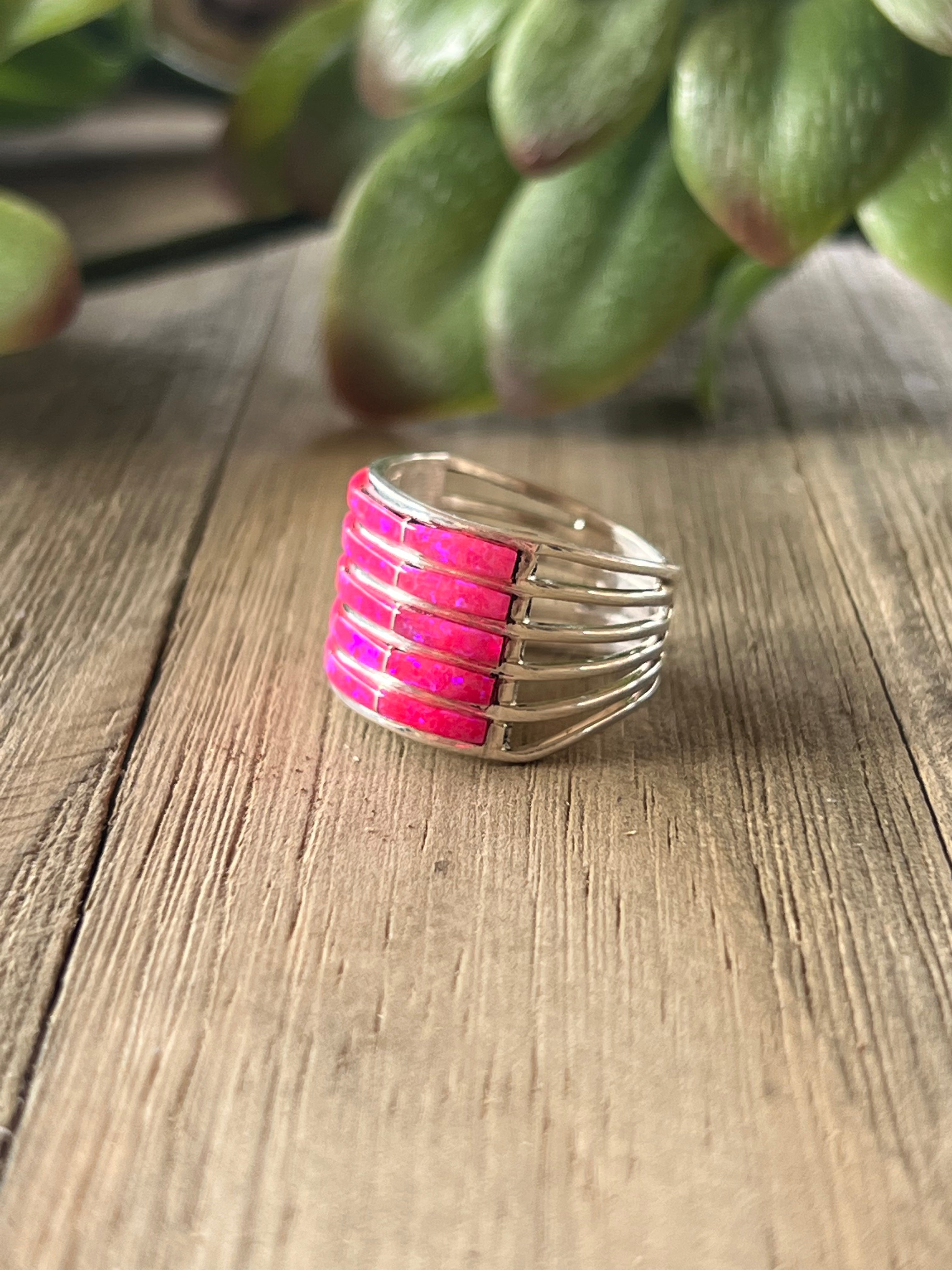 Zuni Made Pink Opal (Man Made) & Sterling Silver Ring