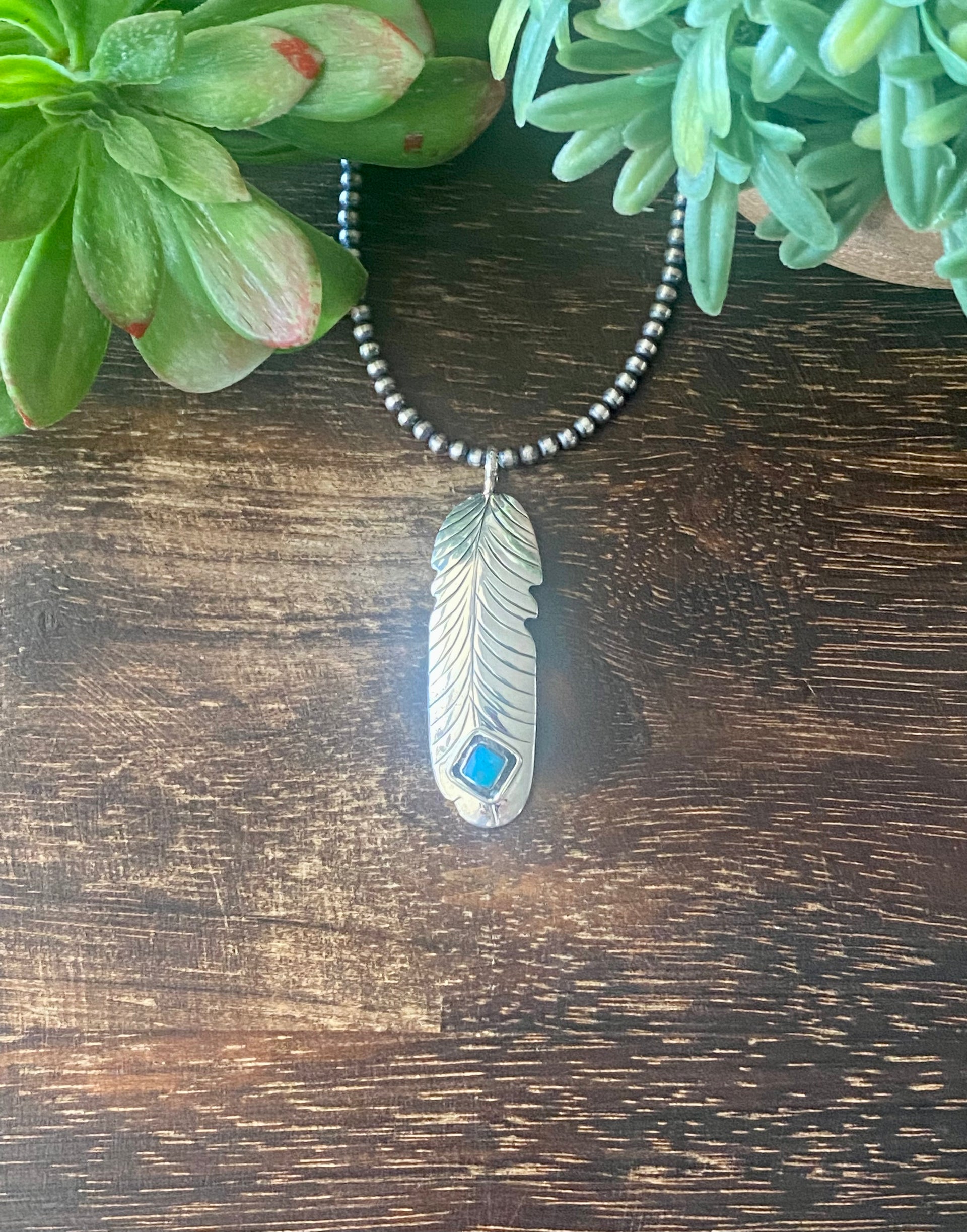 Navajo Made Kingman Turquoise & Sterling Silver Feather Pendant