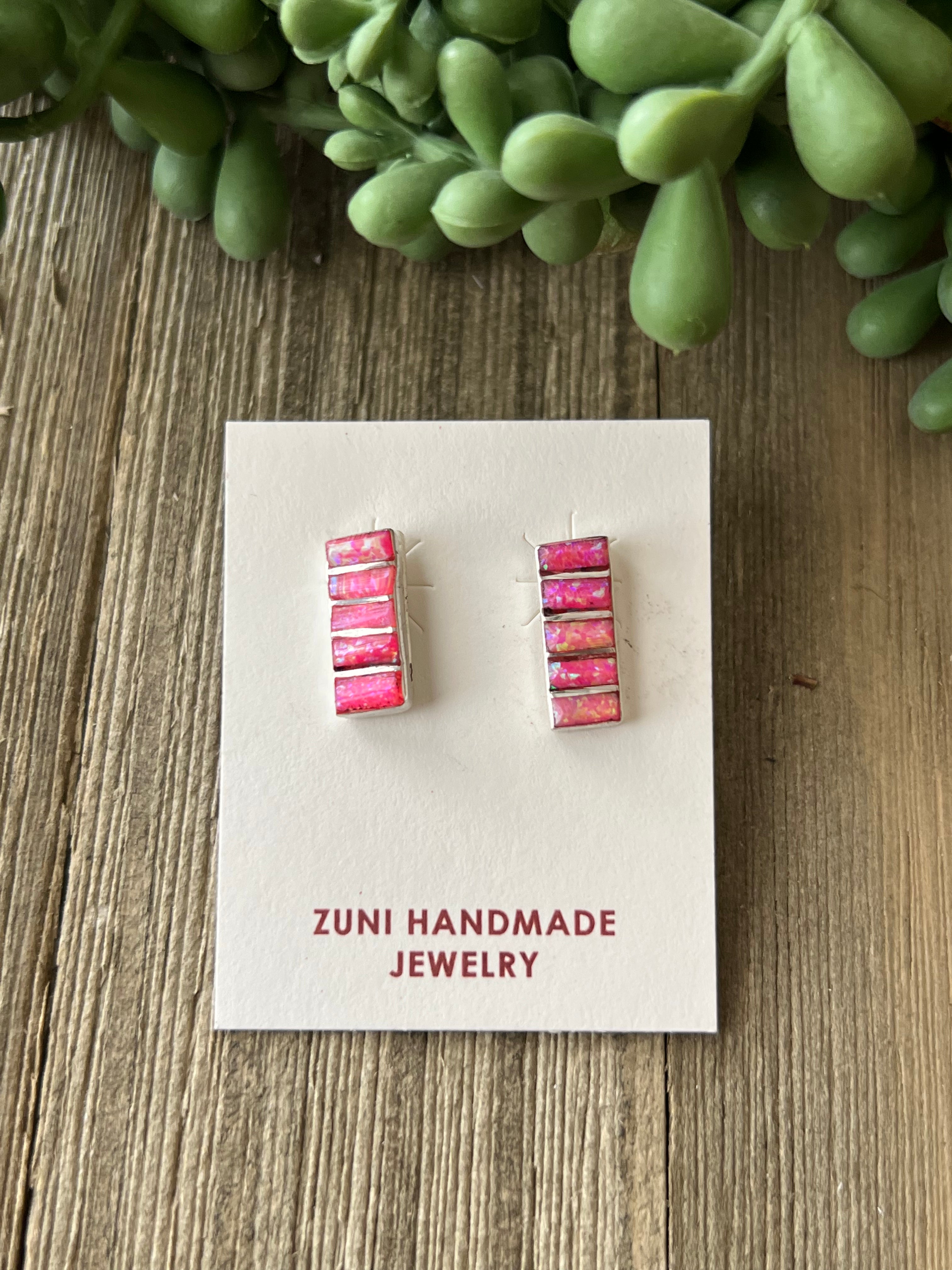 Zuni Made Pink Opal(Man-Made) & Sterling Silver Post Earrings