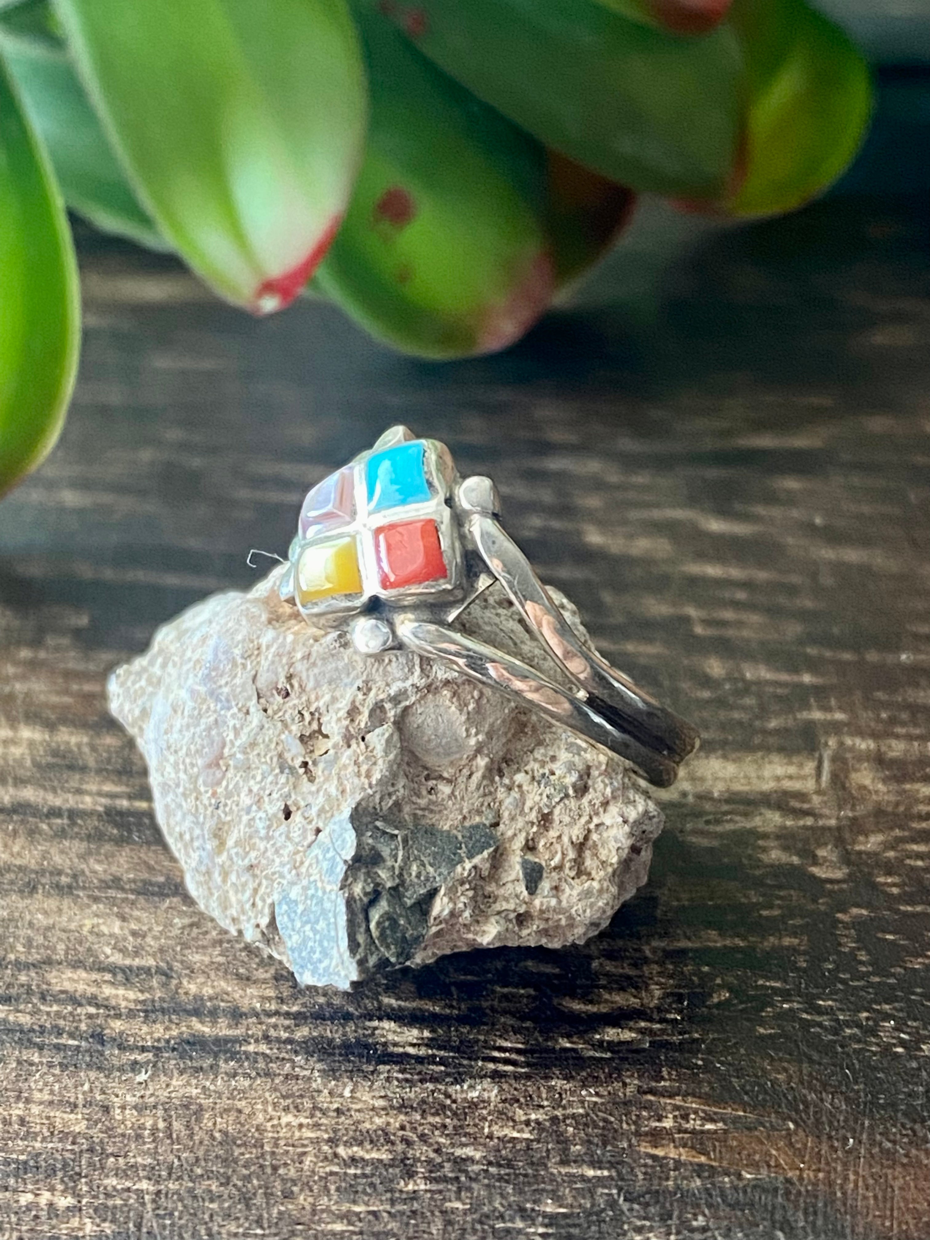 Navajo Made Multi Stone & Sterling Silver Inlay Ring Size 8.5