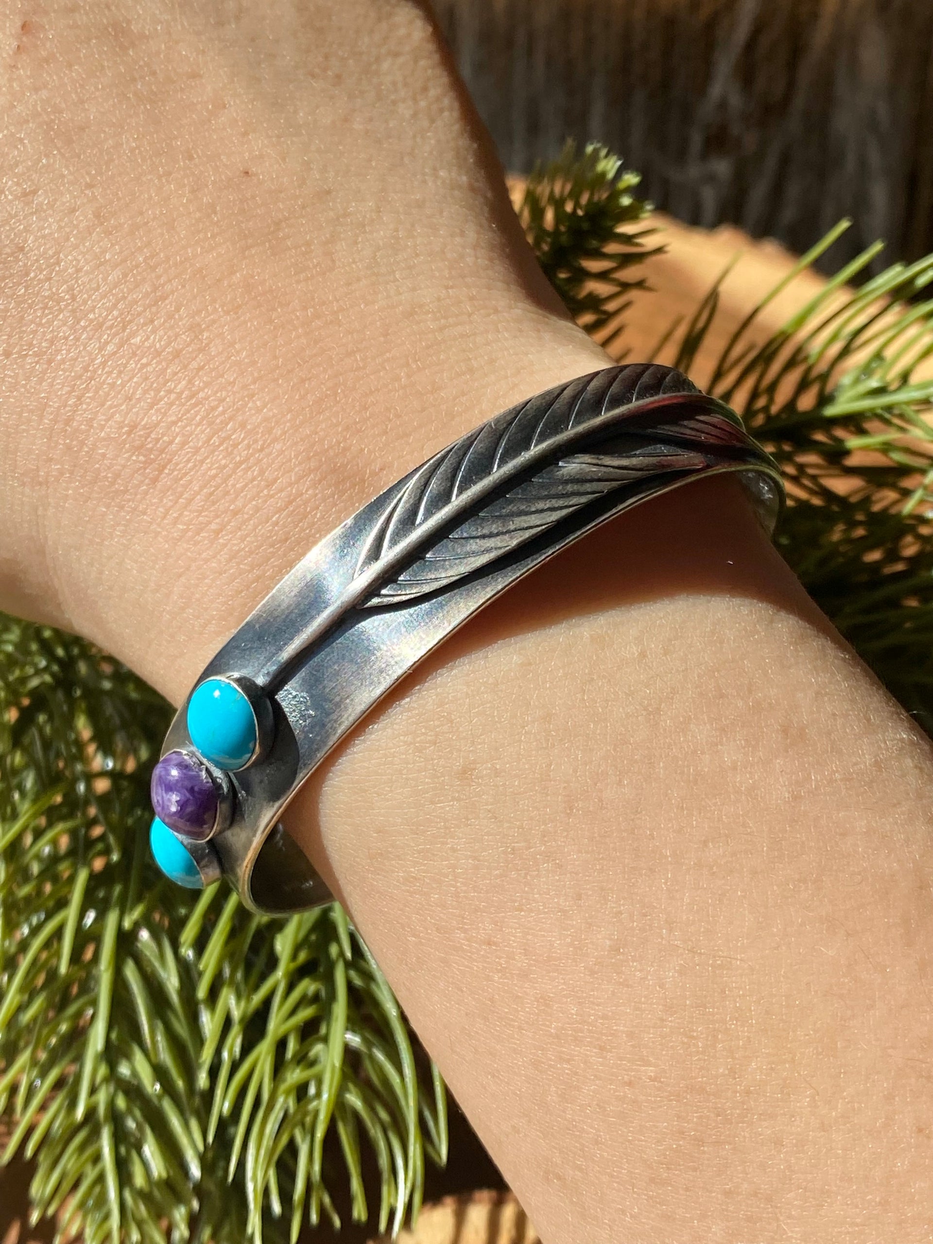 Tony Yazzie Multi Stone & Sterling Silver Feather Cuff Bracelet