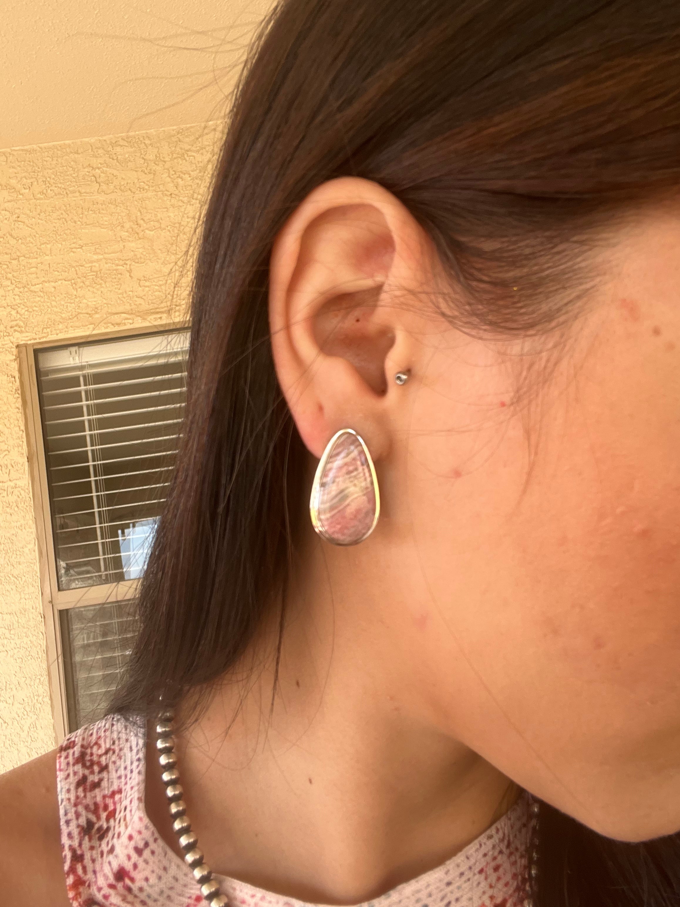 Navajo Made Rhodochrosite  & Sterling Silver Clip On Earrings