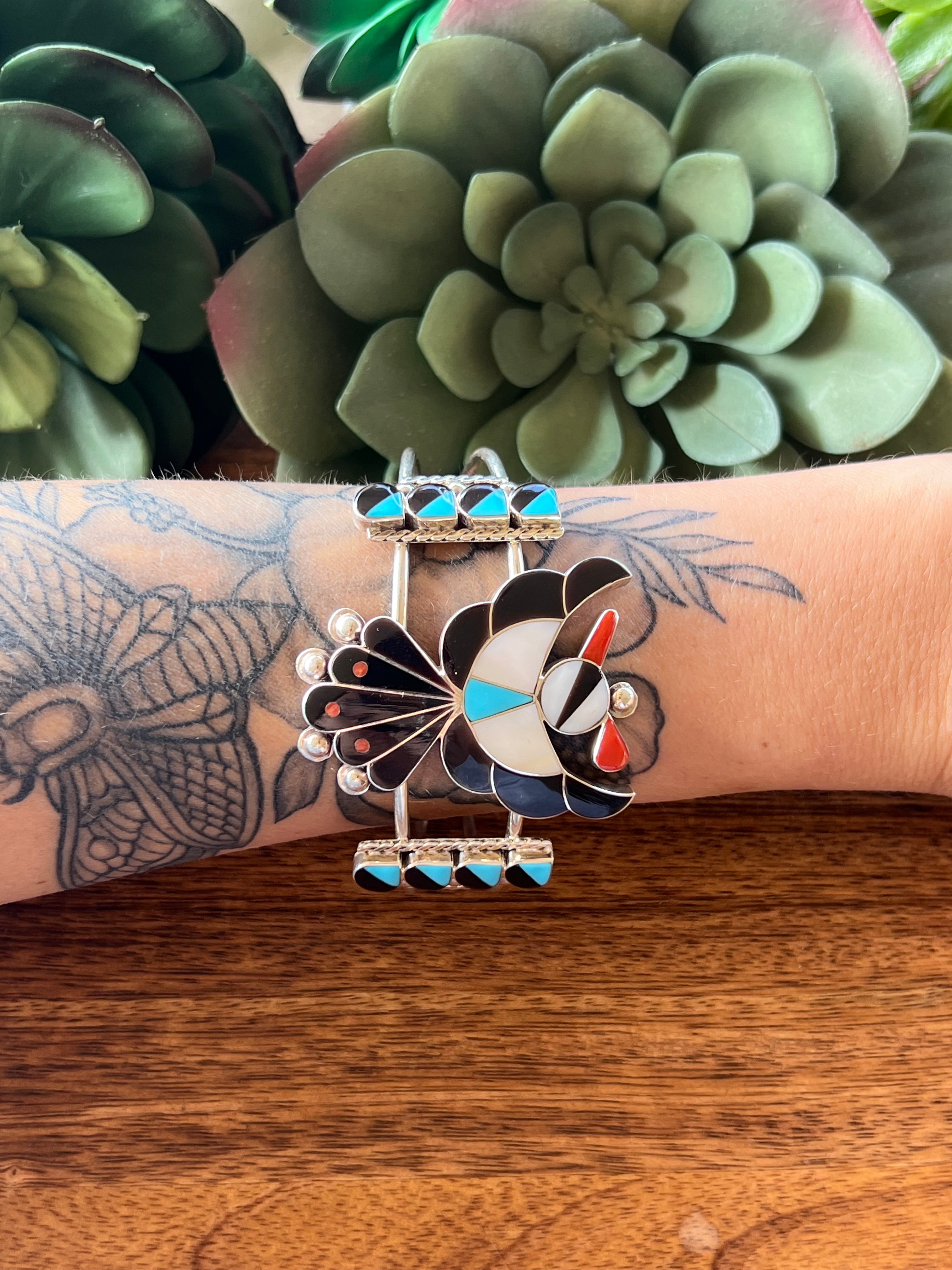 Zuni Made Multi Stone & Sterling Silver Thunderbird Cuff Bracelet