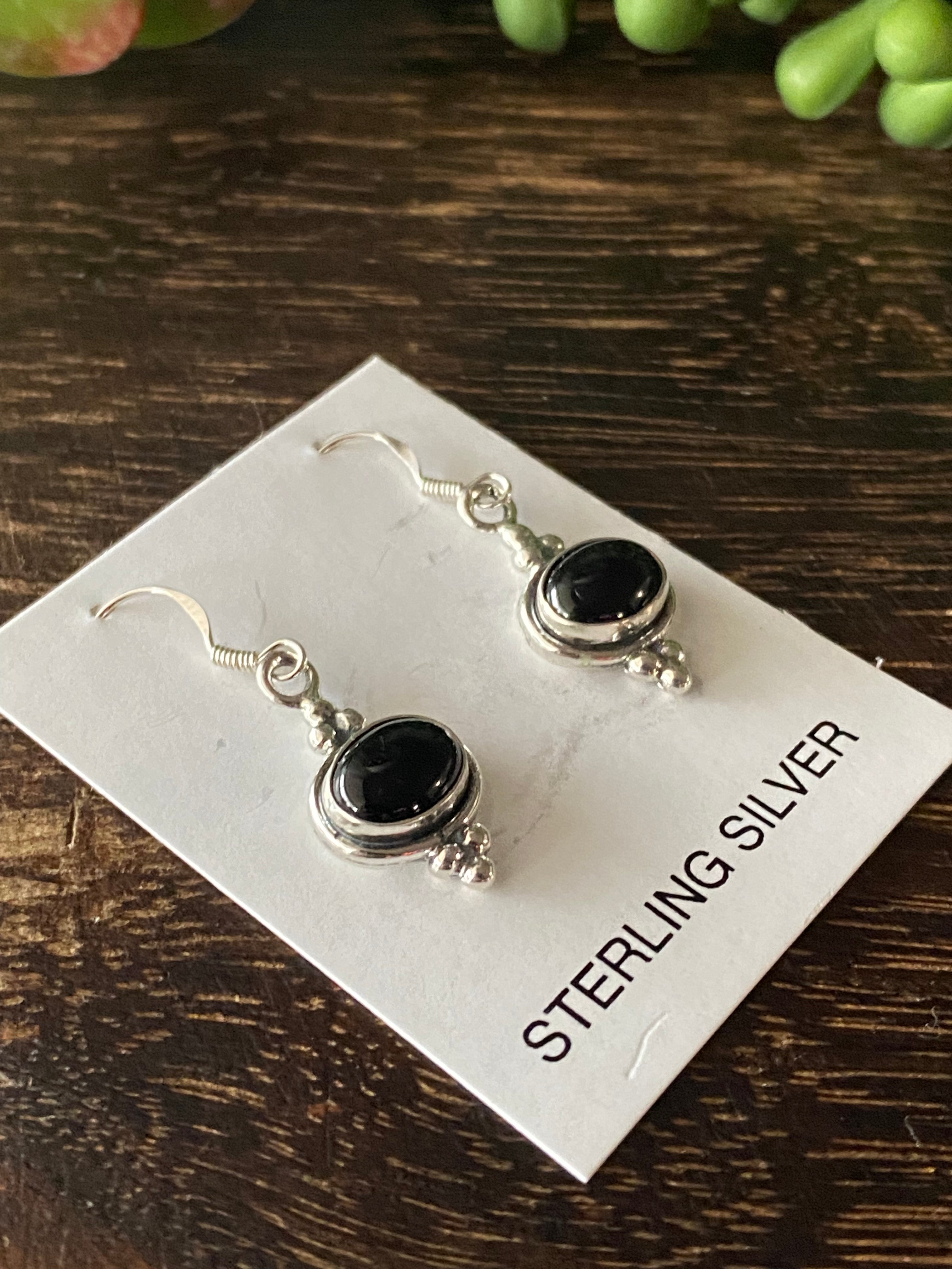 Navajo Made Onyx & Sterling Silver Dangle Earrings