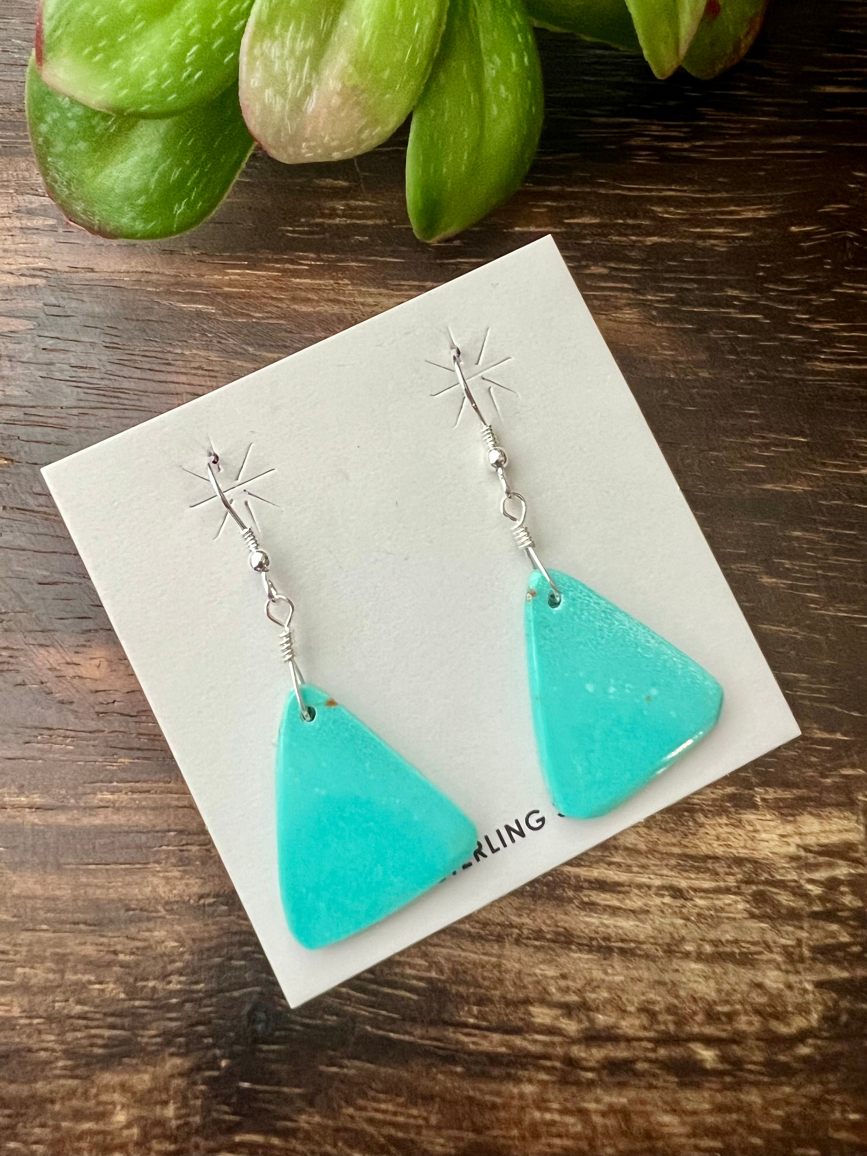 Navajo Made Kingman Turquoise & Sterling Silver Slab Dangle Earrings