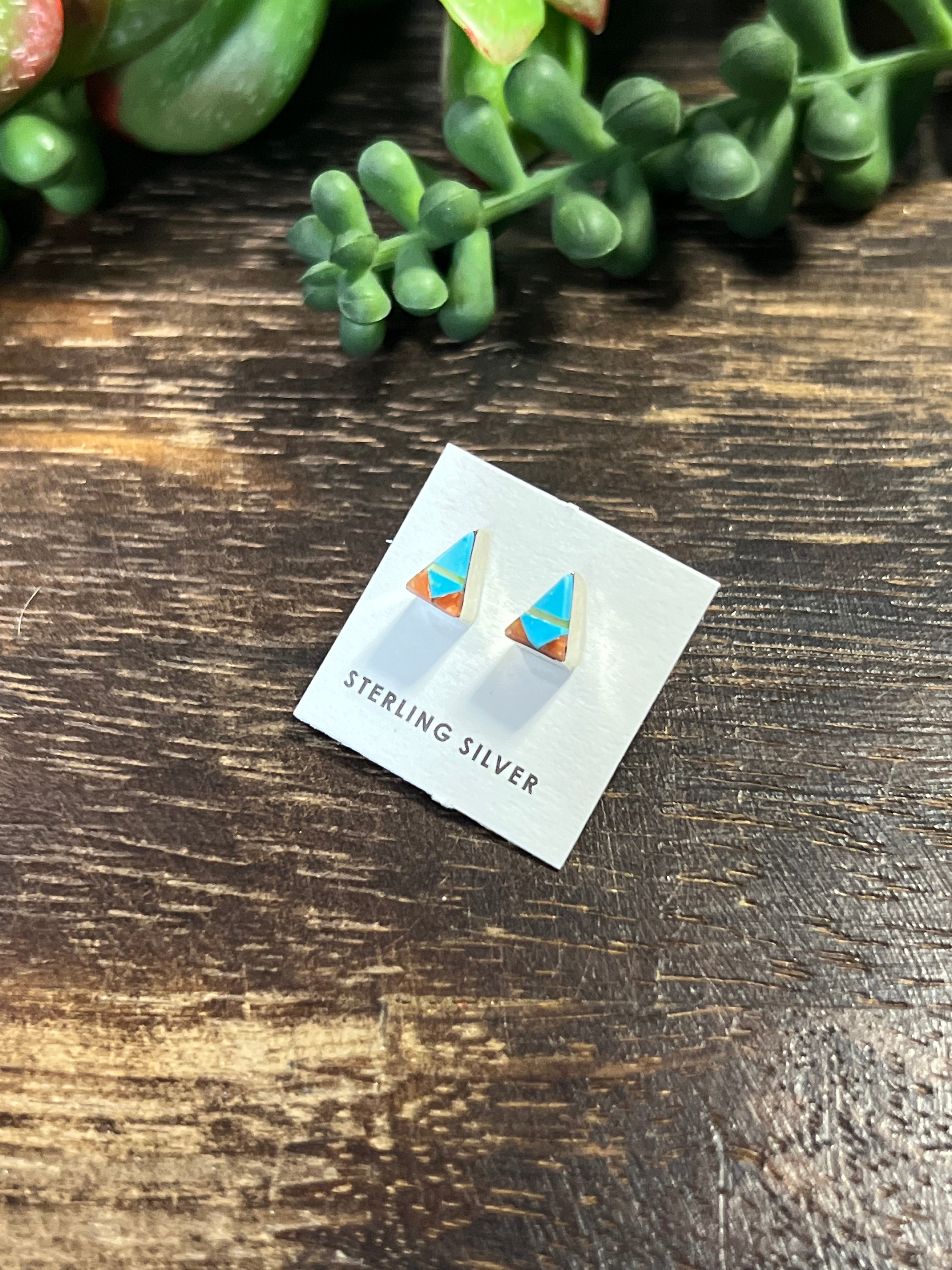 Zuni Made Multi Stone & Sterling Silver Triangle Post Earrings