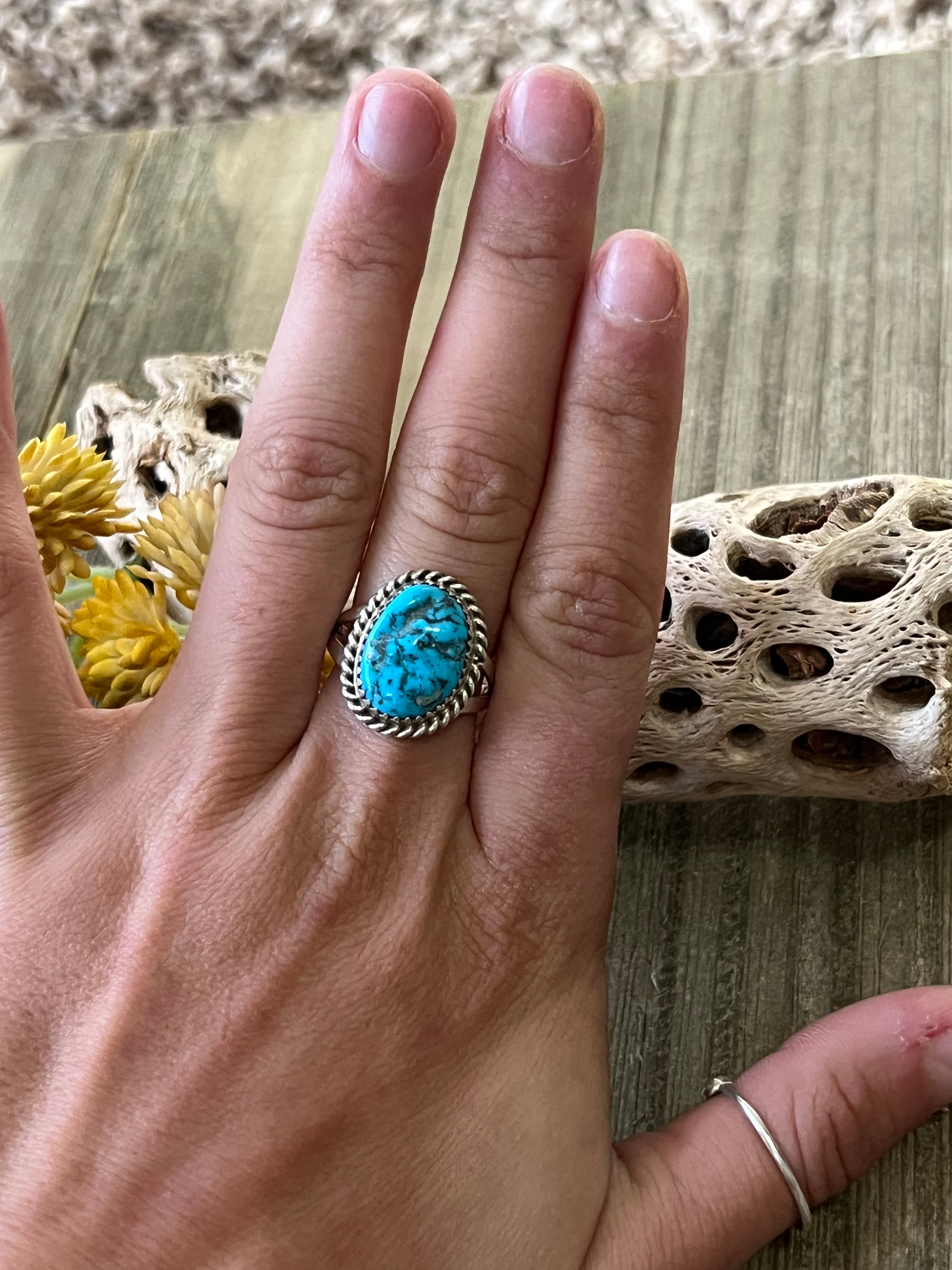 Navajo Made Kingman Turquoise & Sterling Silver Ring Size 8