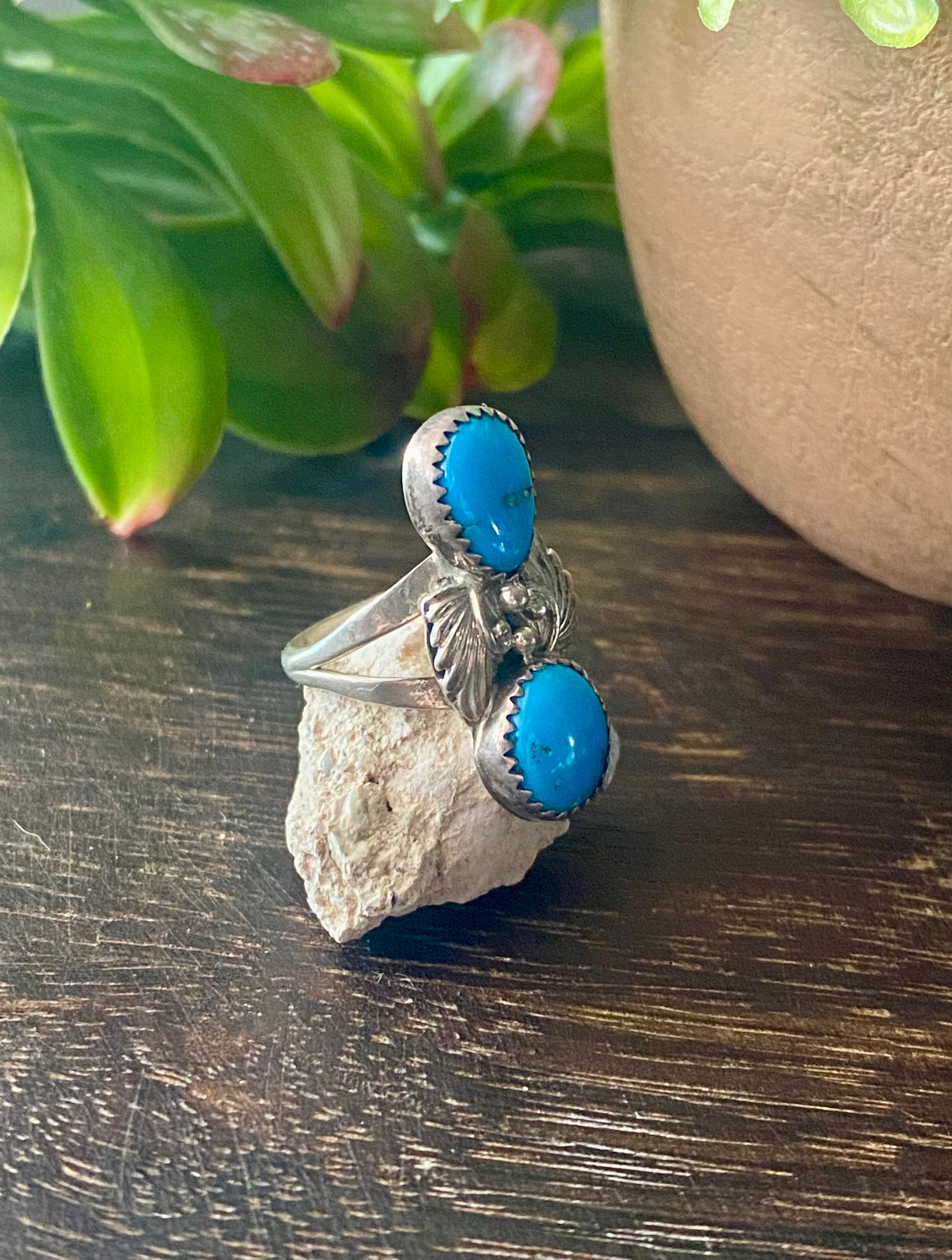Navajo Made Kingman Turquoise & Sterling Silver Ring Size 6.75