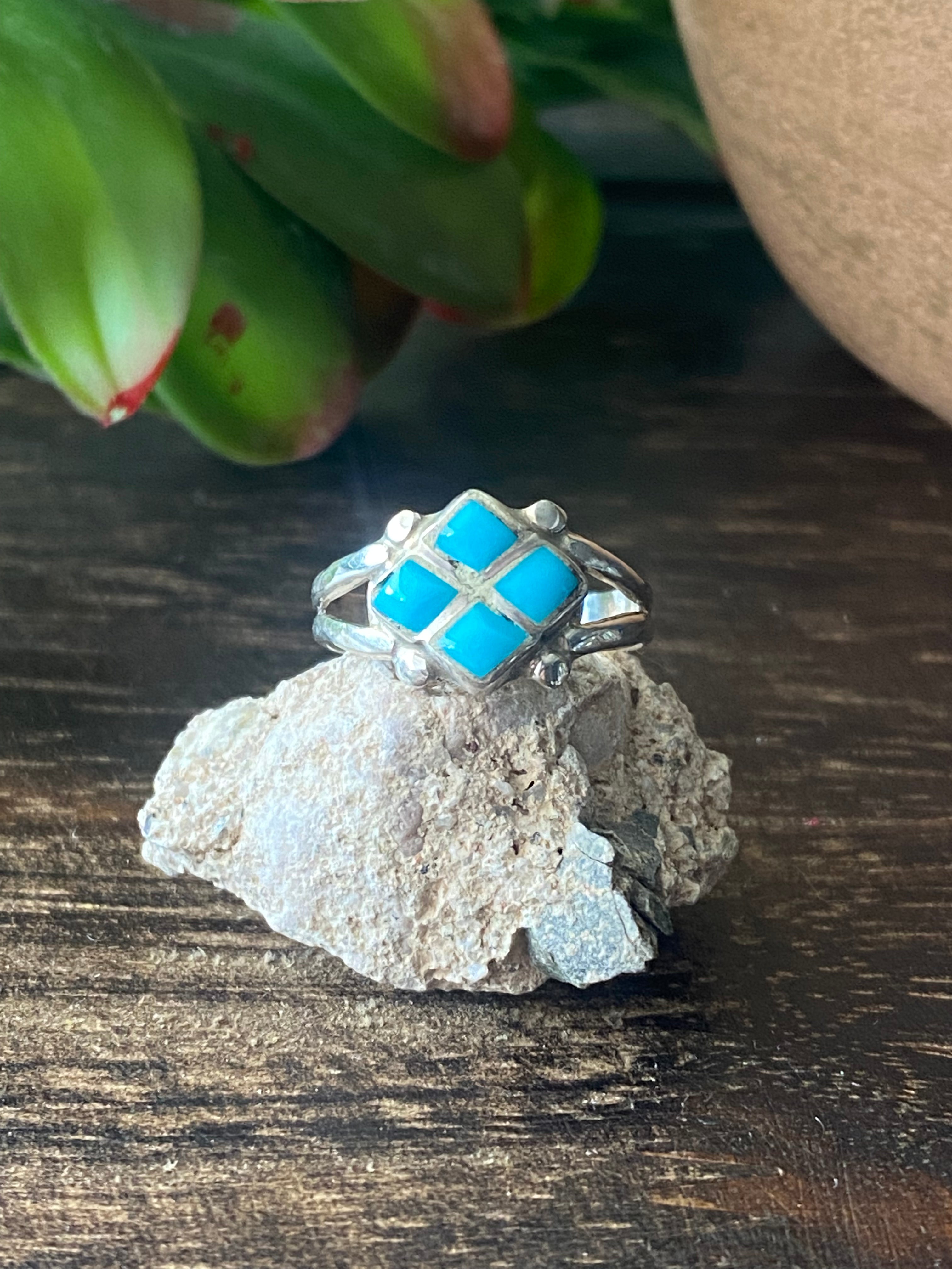 Navajo Made Turquoise & Sterling Silver Inlay Ring Size 5