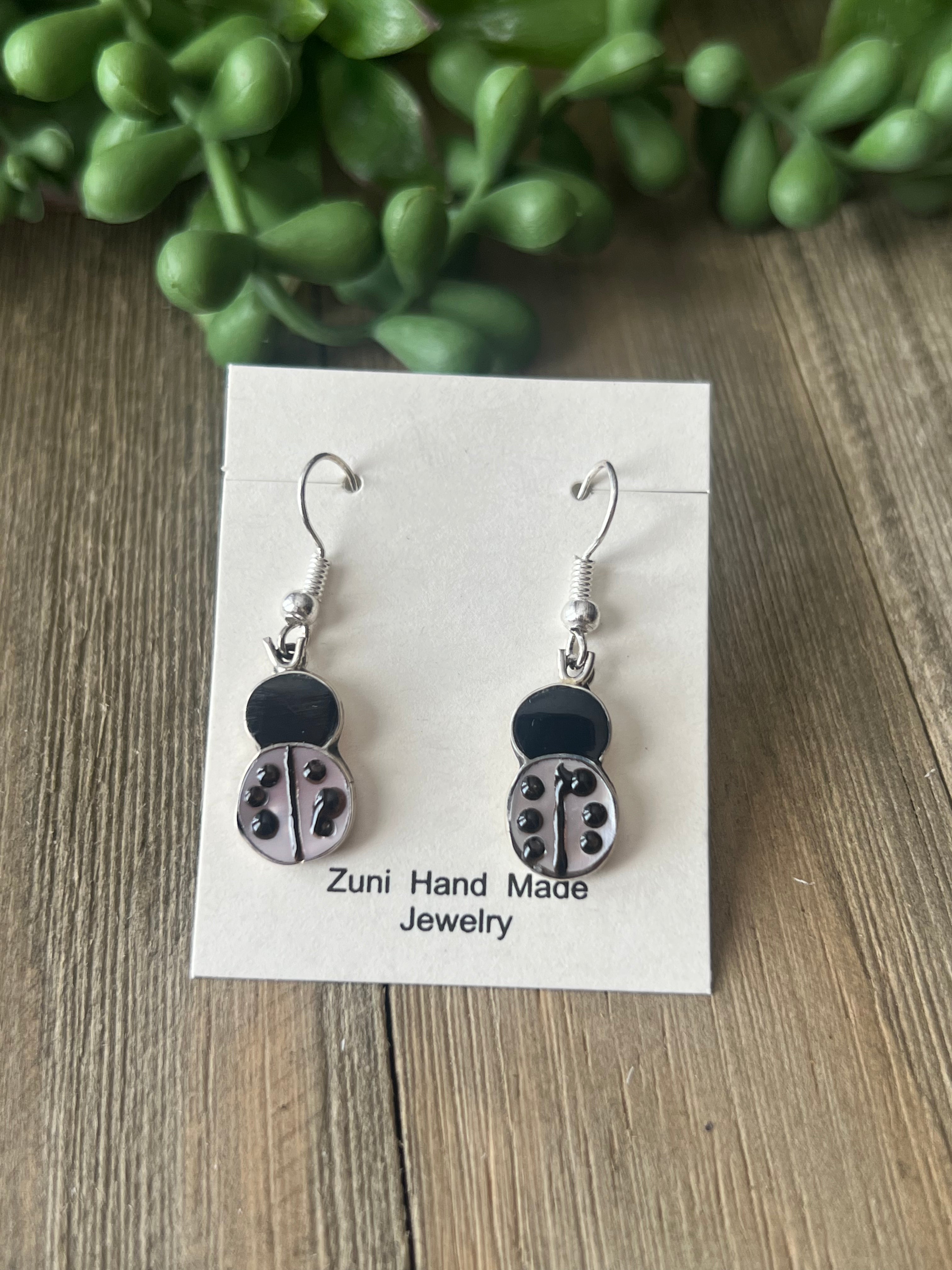 Zuni Made Multi Stone & Sterling Silver Lady Bug Inlay Dangle Earrings