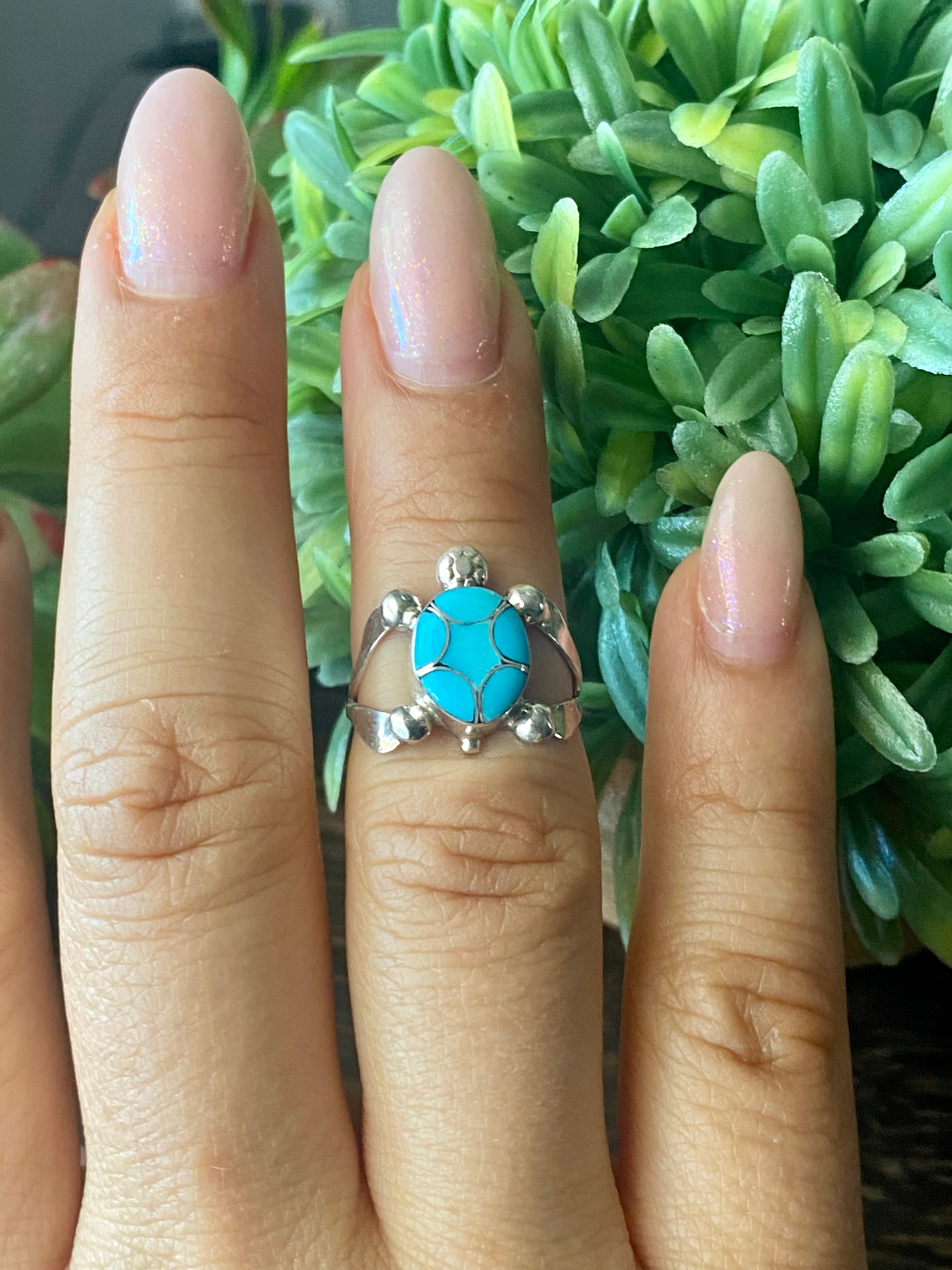 Zuni Made Turquoise & Sterling Silver Inlay Turtle Ring Size 5.75