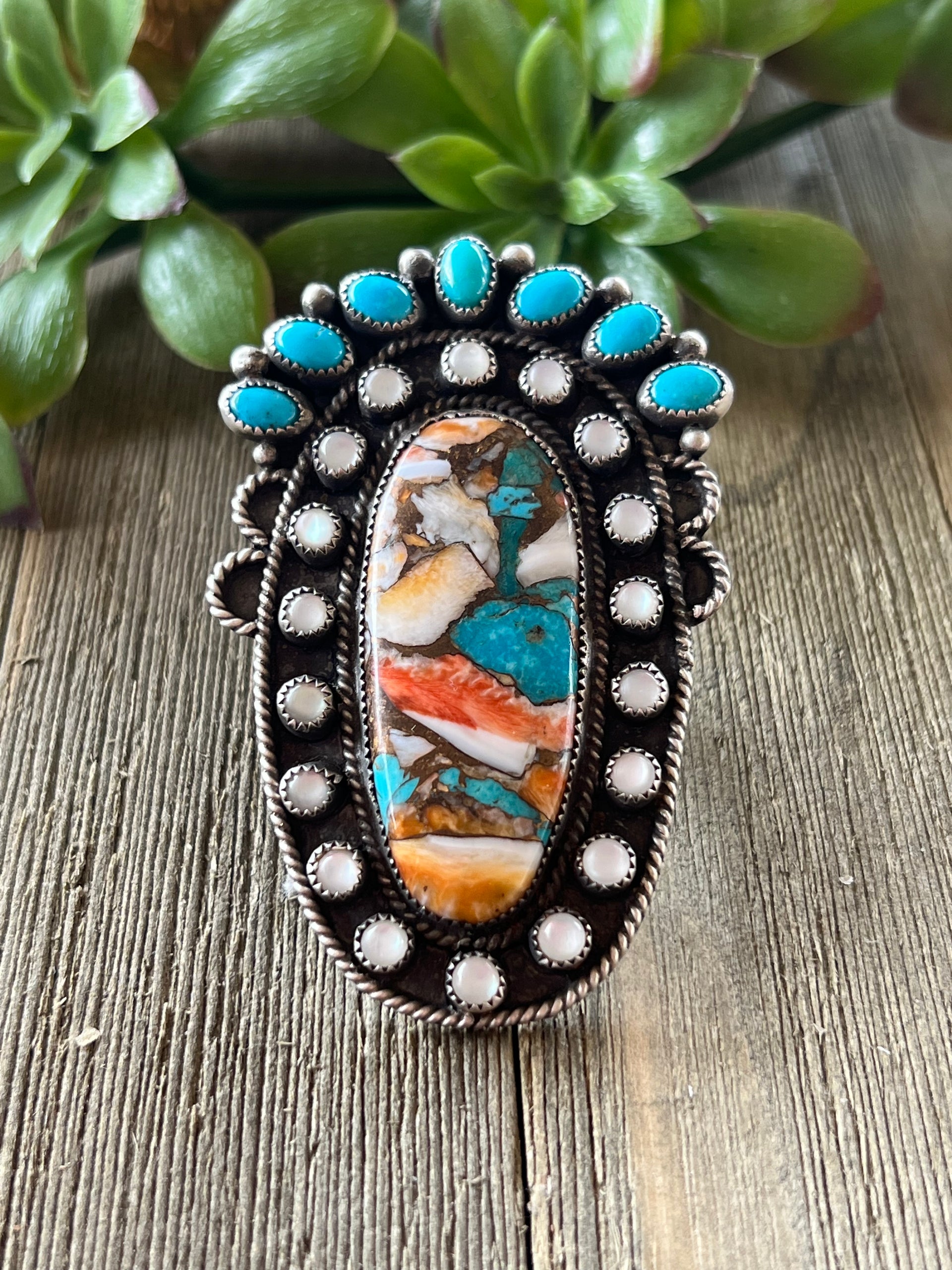 Navajo Made Multi Stone & Sterling Silver Adjustable Ring