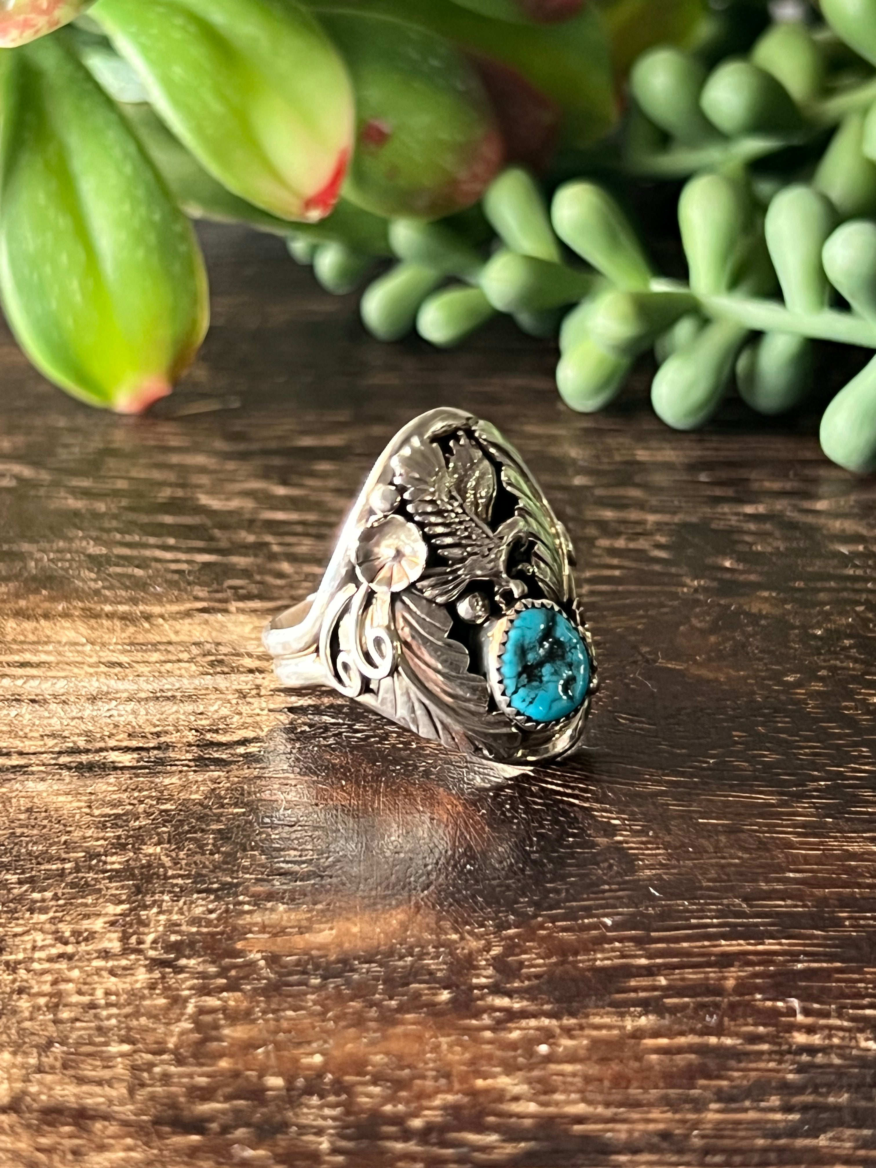 Tricia Leekety Kingman Turquoise & Sterling Silver Ring Size 11.75