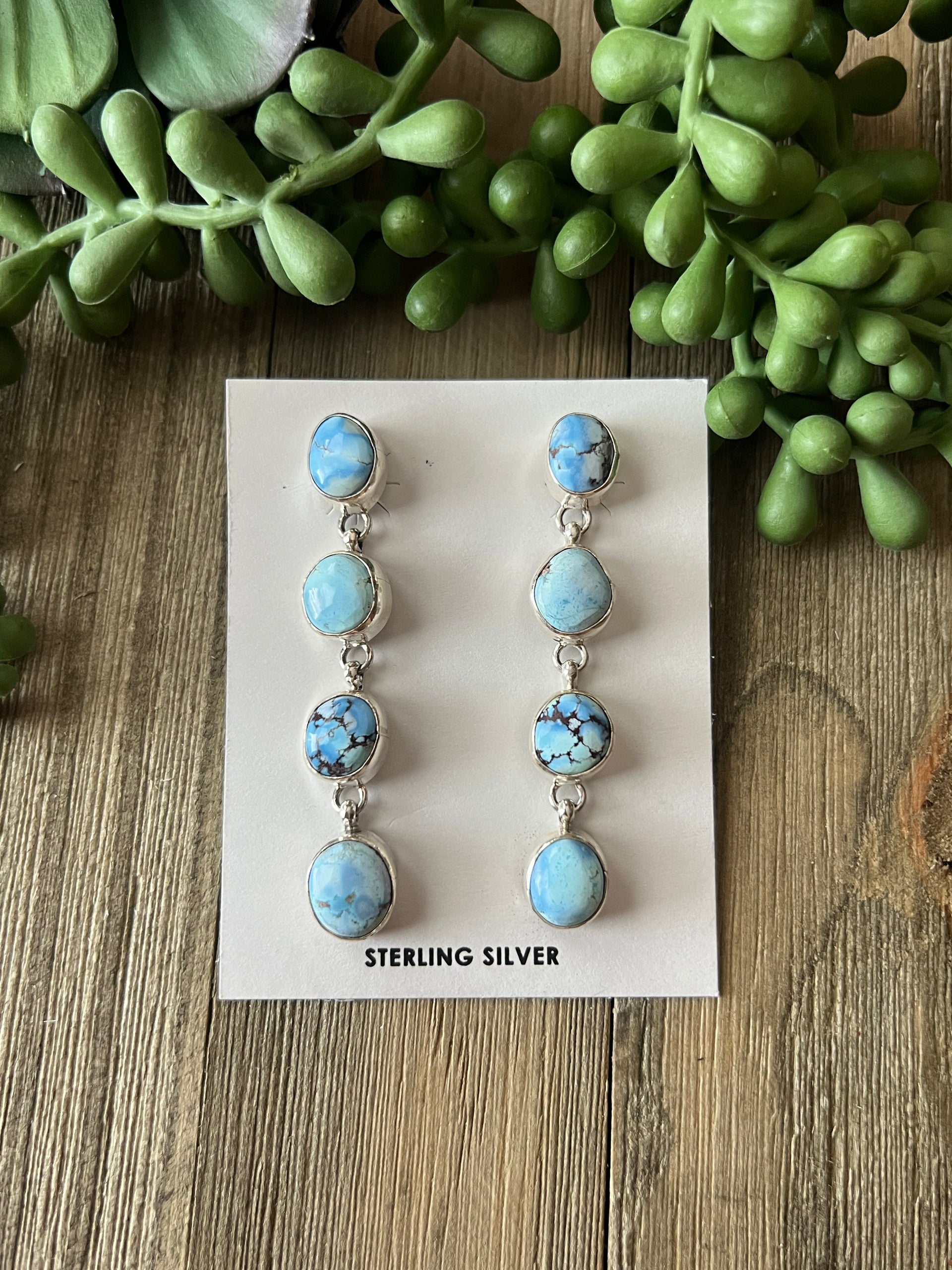 Navajo Made Golden Hills Turquoise & Sterling Silver Post Dangle Earrings