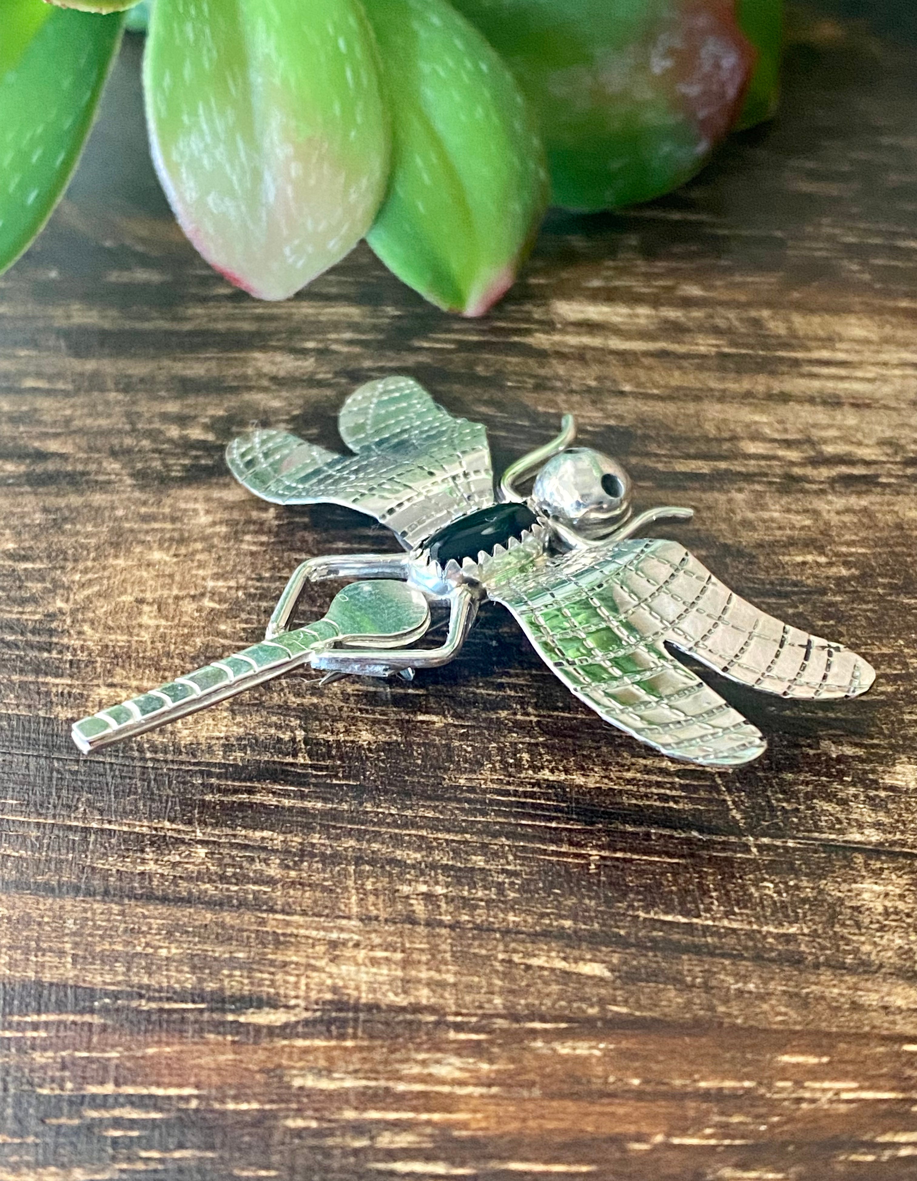 Navajo Made Onyx & Sterling Silver Dragonfly Pin