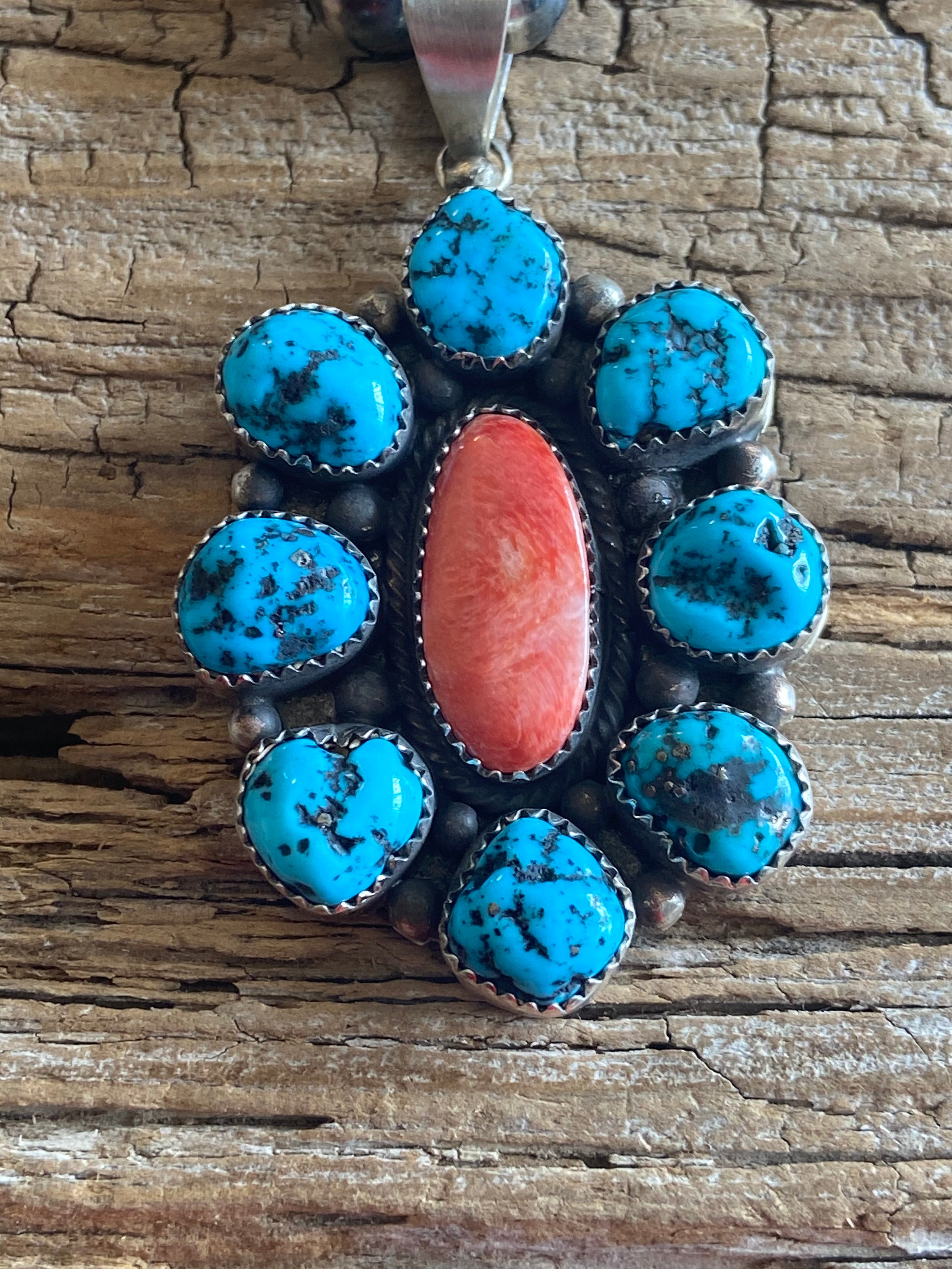 Navajo Made Turquoise & Spiny Oyster Sterling Silver Pendant