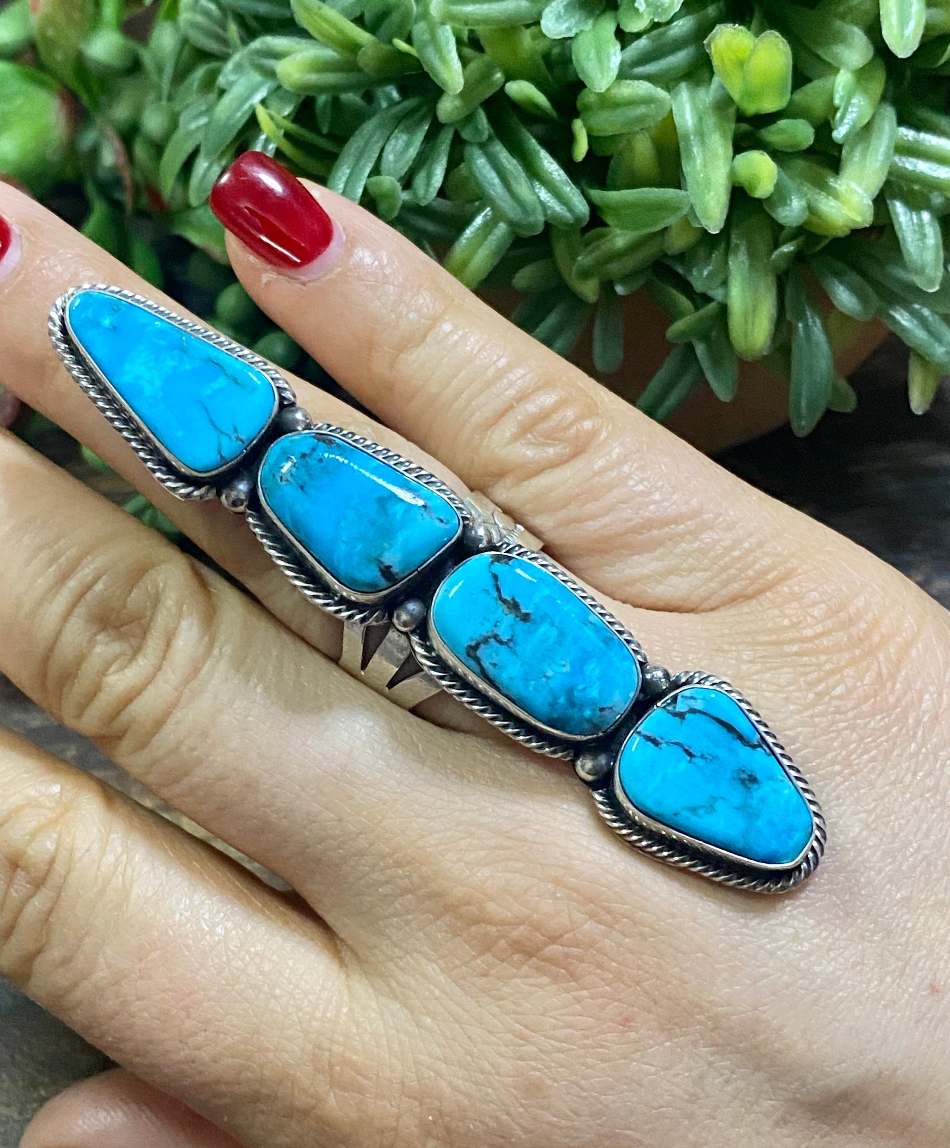 Navajo Made Kingman Turquoise & Sterling Silver Adjustable Ring Size 8.5