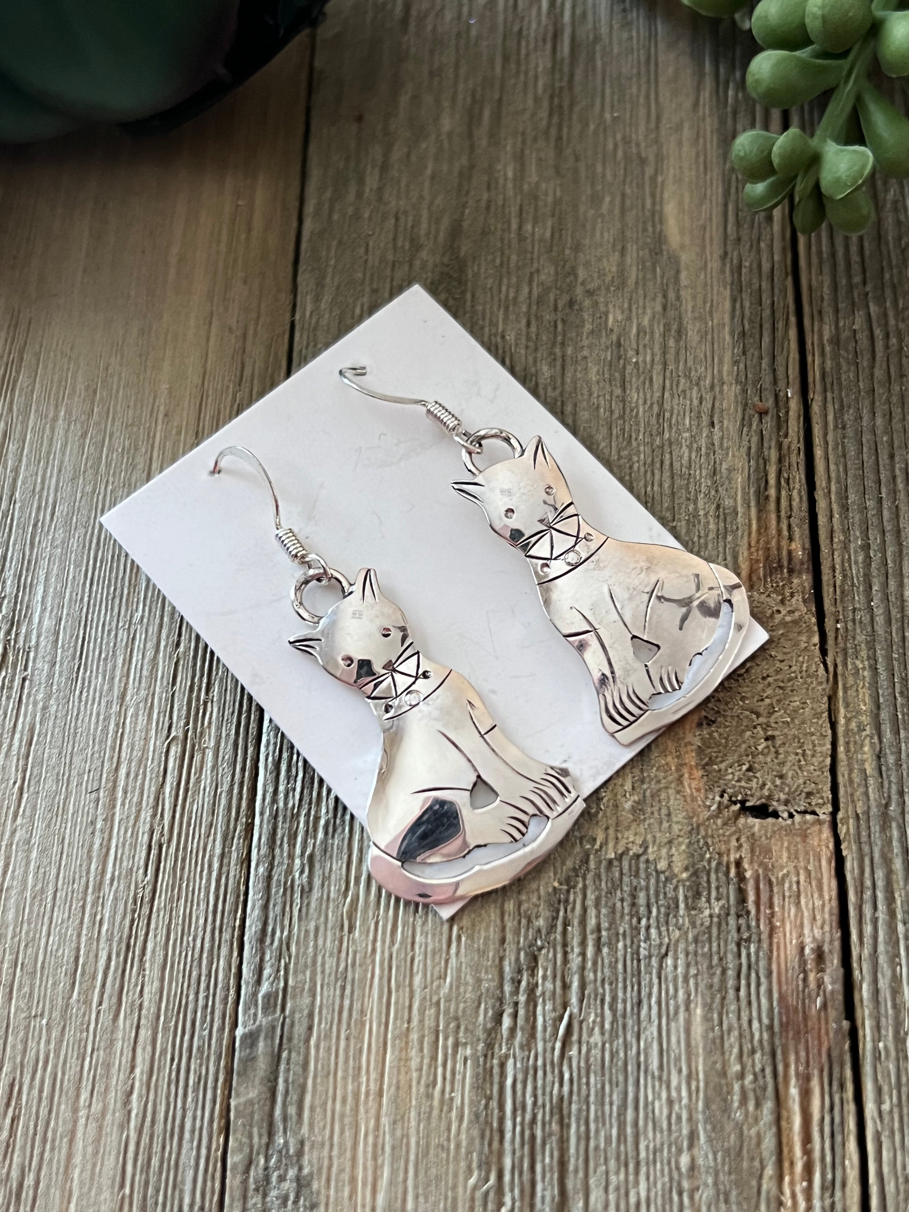 Southwestern Made Sterling Silver Cat Dangle Earrings