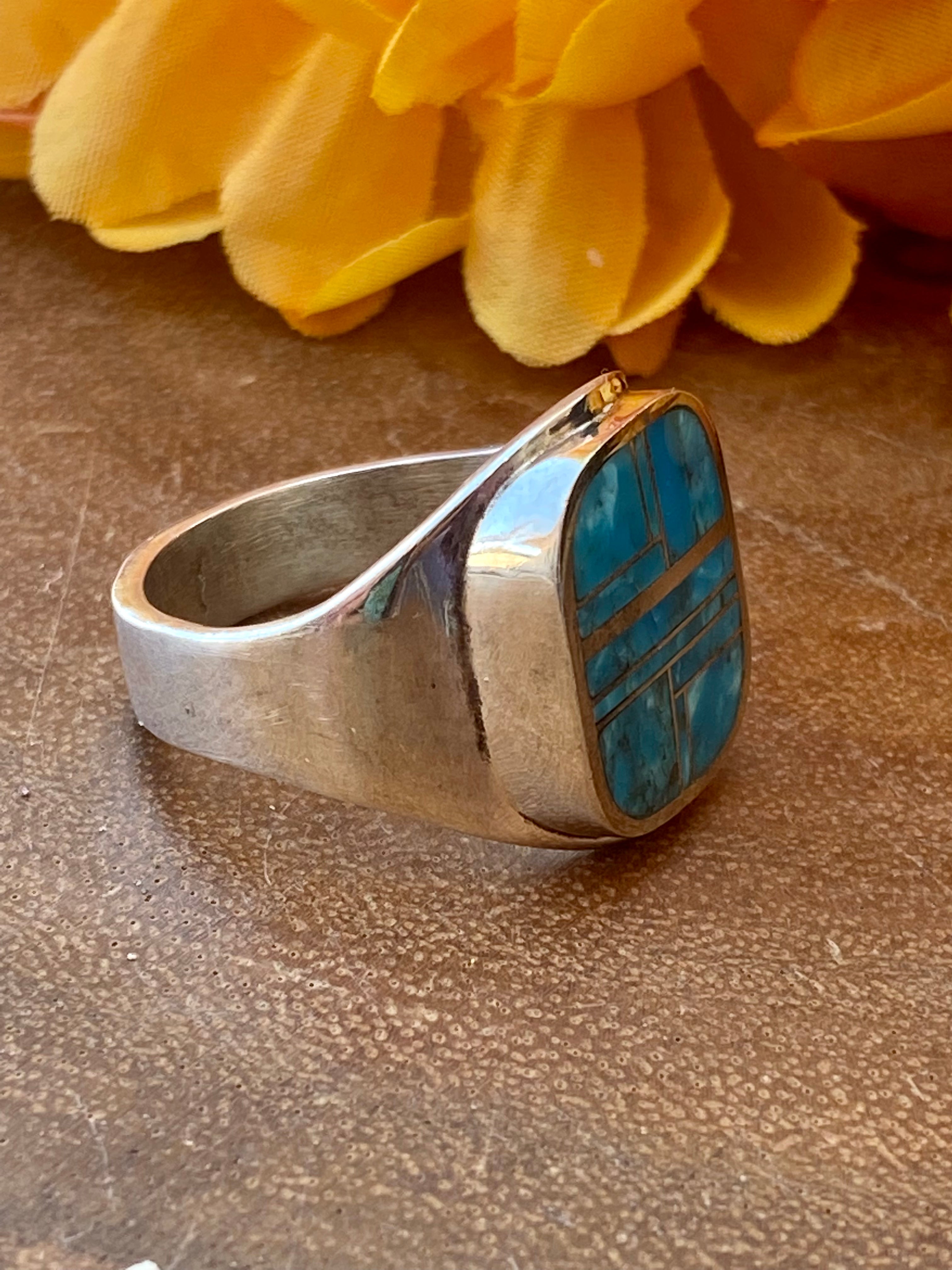 Navajo Made Kingman Turquoise & Sterling Silver Men’s Inlay Ring Size 13.75