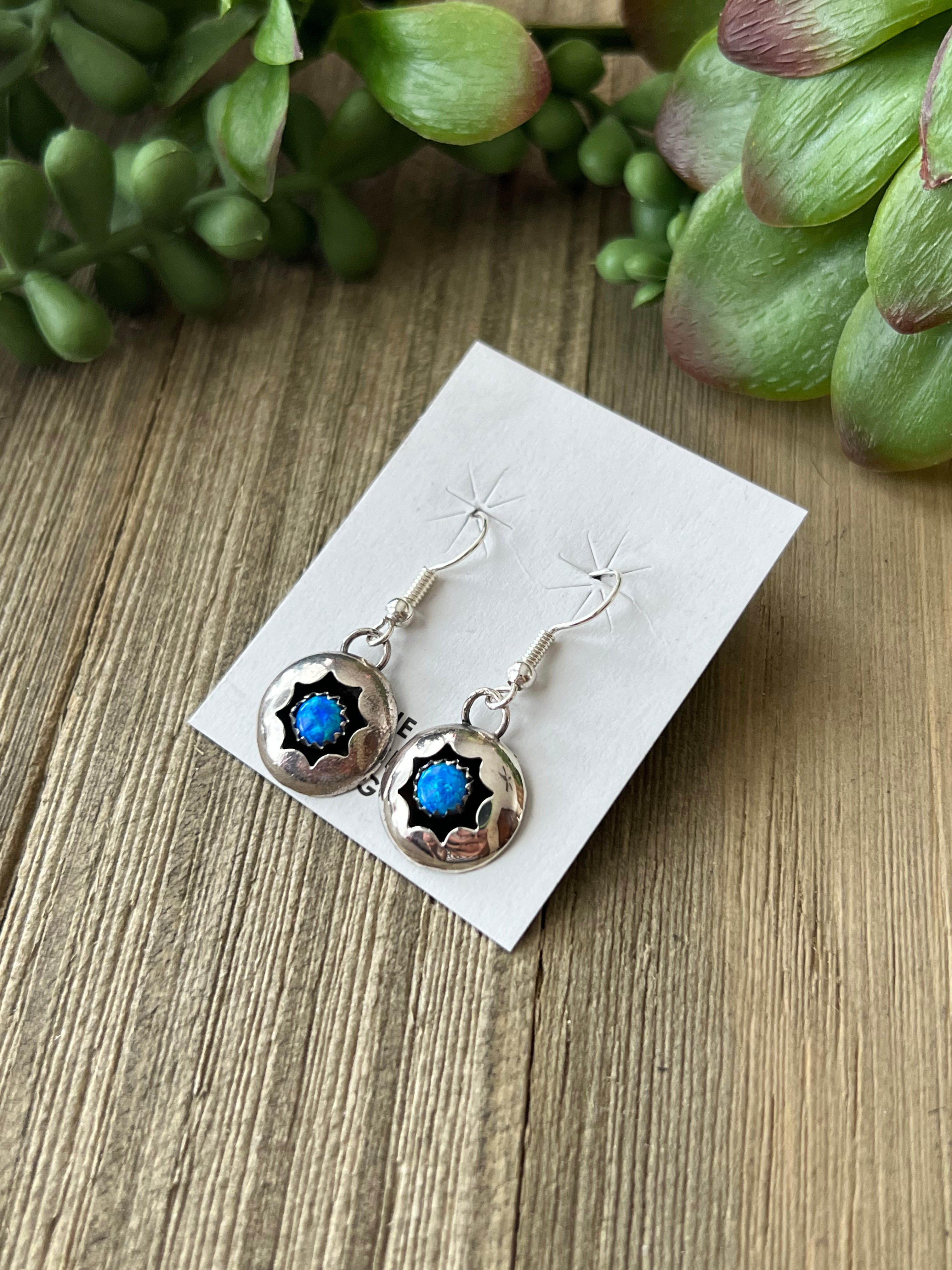 Navajo Made Blue Opal(Man-Made) & Sterling Silver Dangle Earrings
