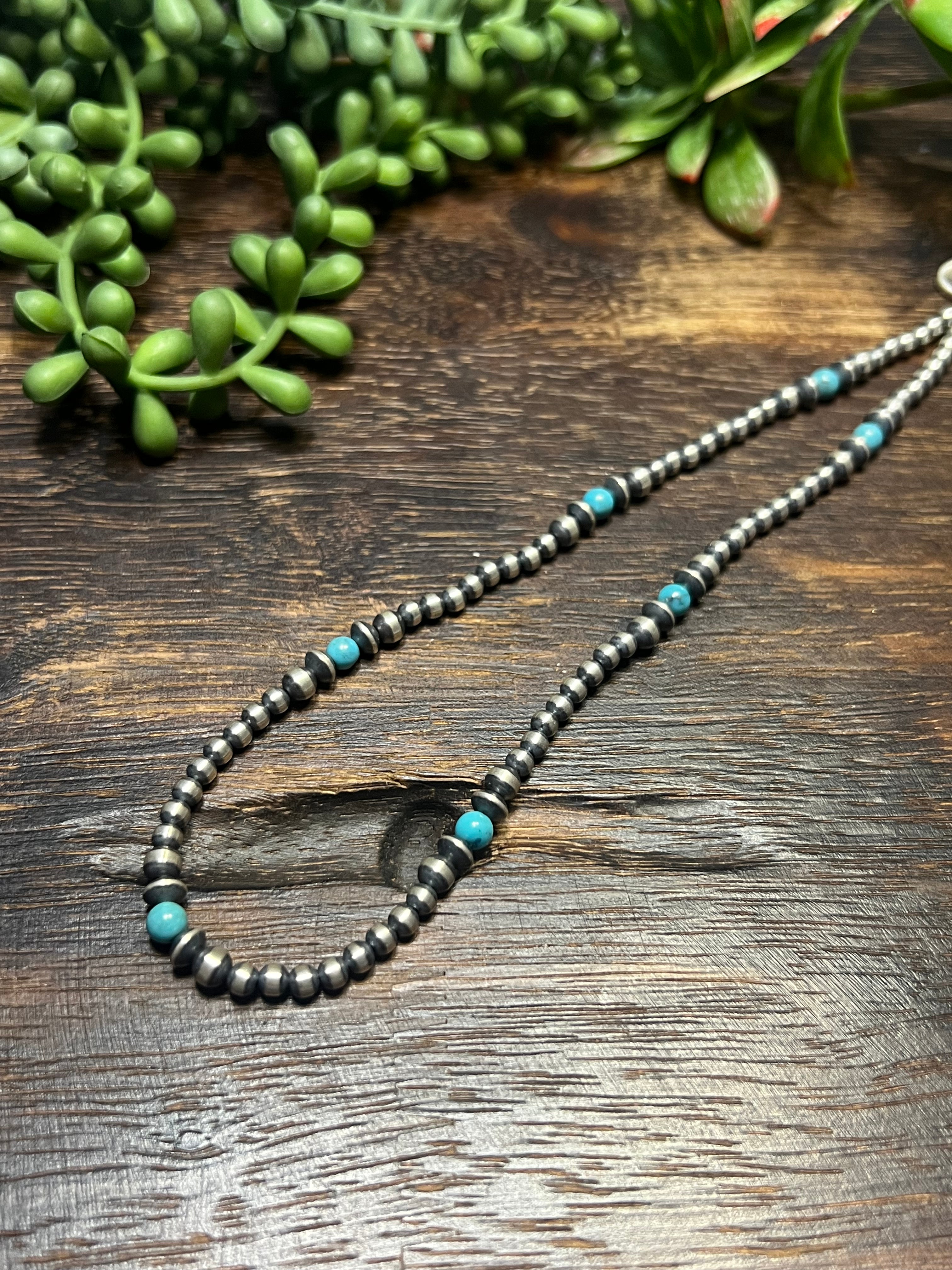 Navajo Strung Royston Turquoise & Sterling Silver Graduated Beaded Pearl Necklace