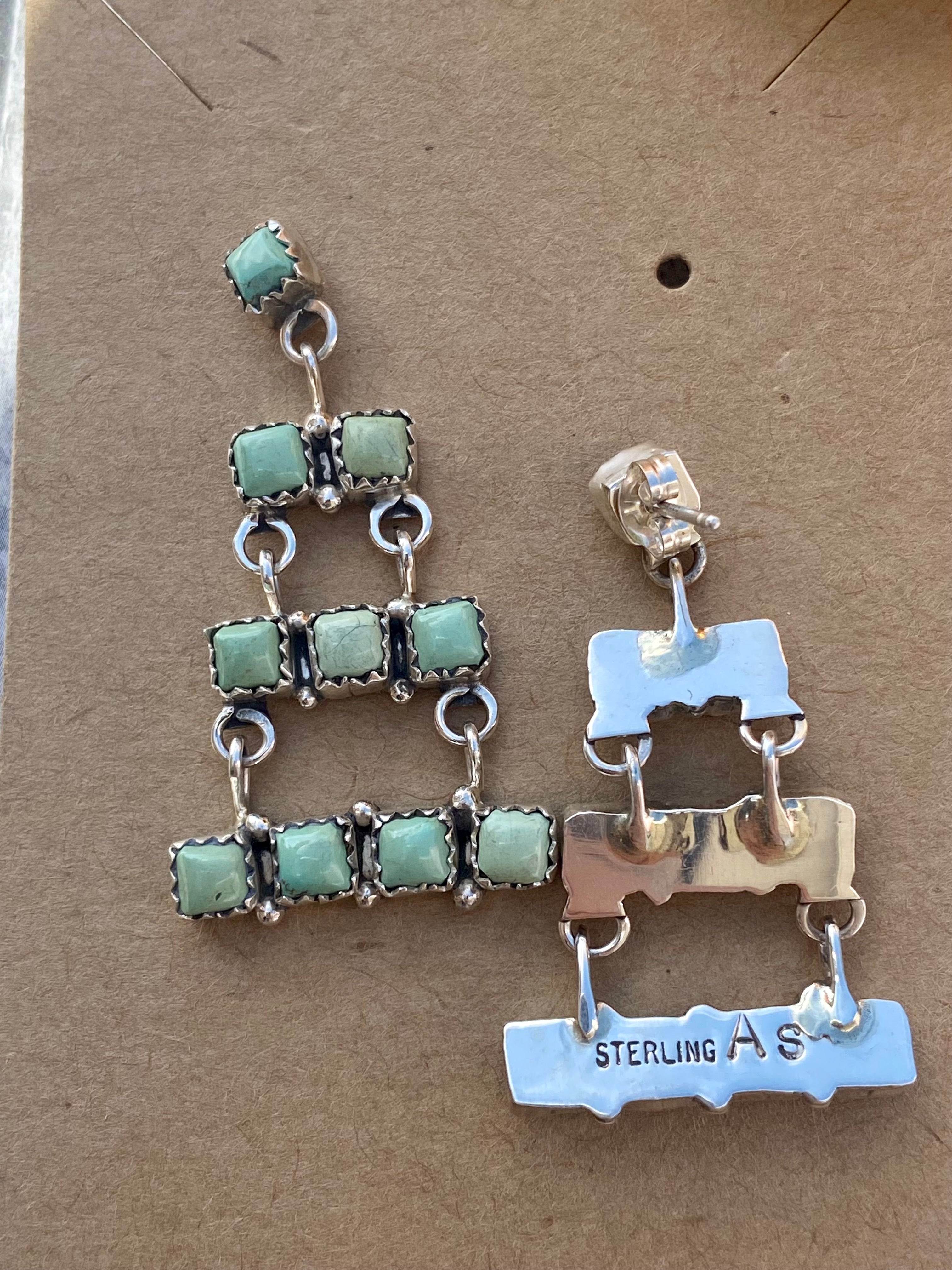 Sam Arviso Navajo Made Kingman Turquoise & Sterling Silver Post Dangle Earrings