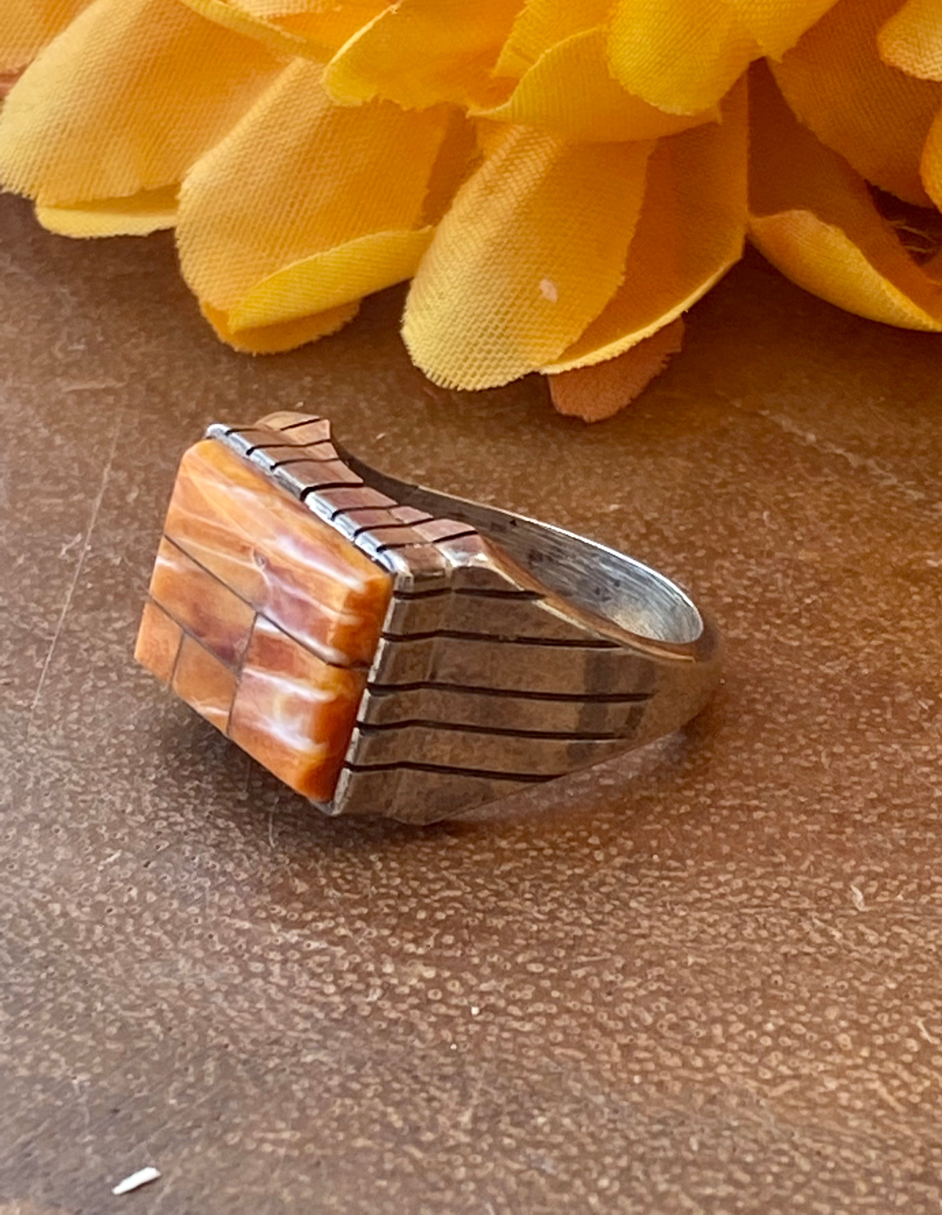 Navajo Made Spiny Oyster & Sterling Silver Men’s Inlay Ring Size 9