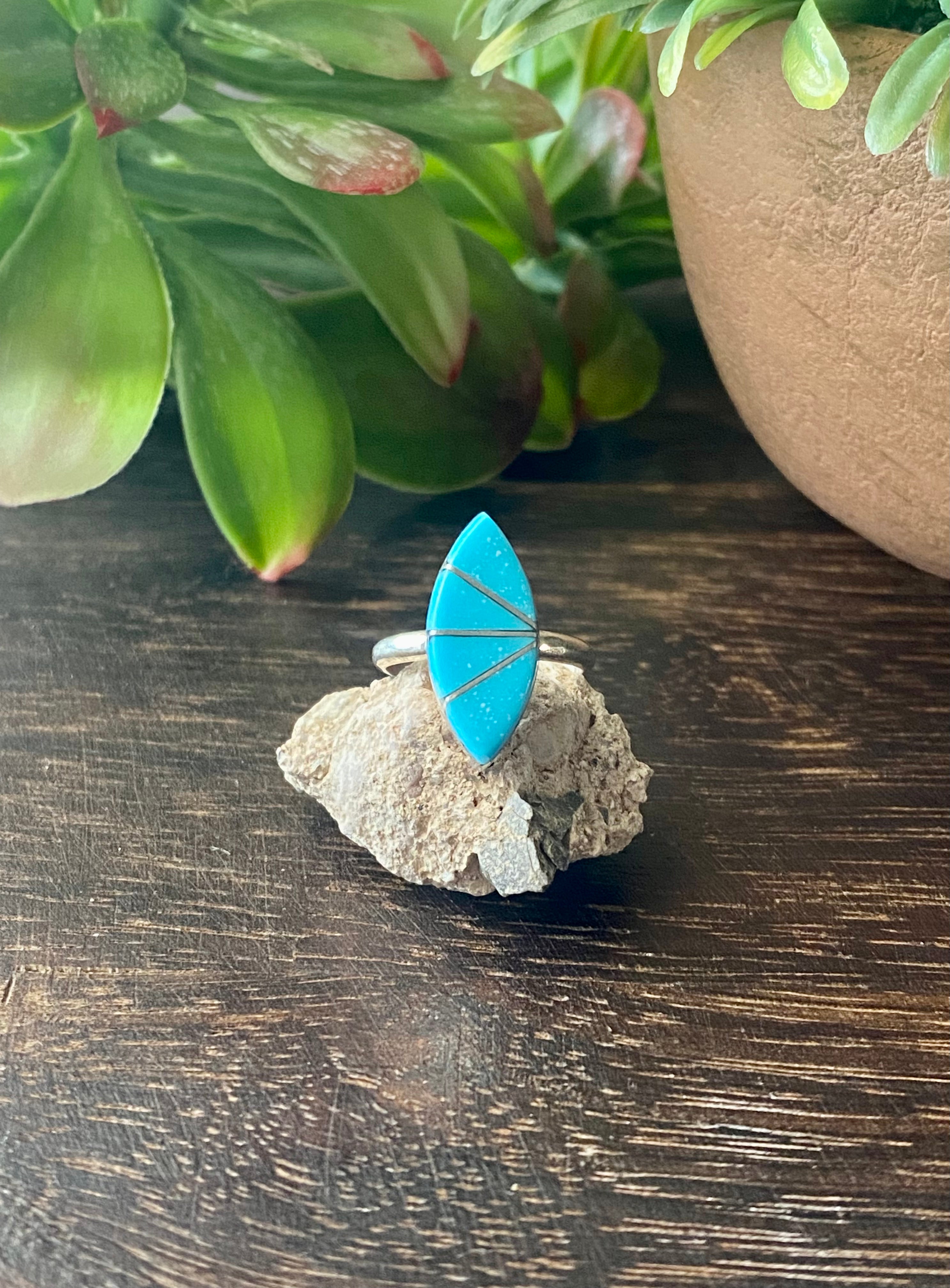 Zuni Made Turquoise & Sterling Silver Inlay Ring Size 4.5