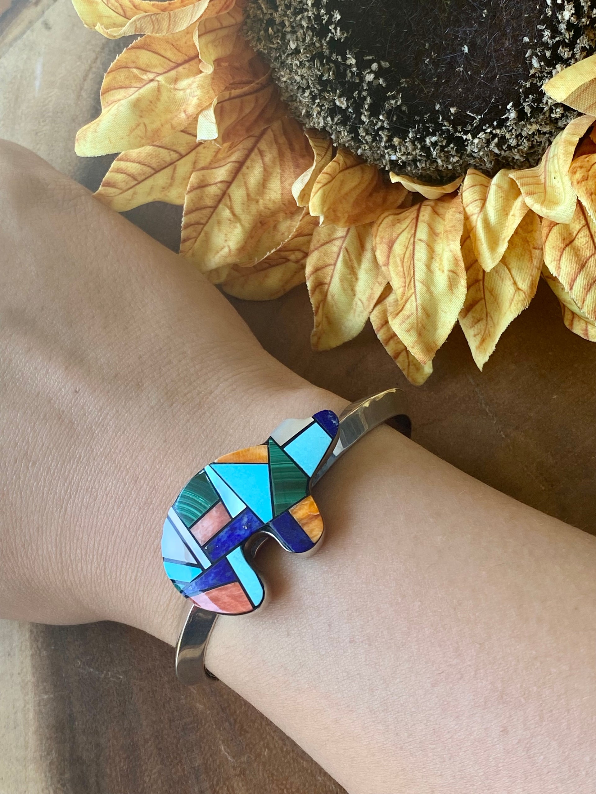 Navajo Made Multi Stone & Sterling Silver Inlay Bear Cuff Bracelet
