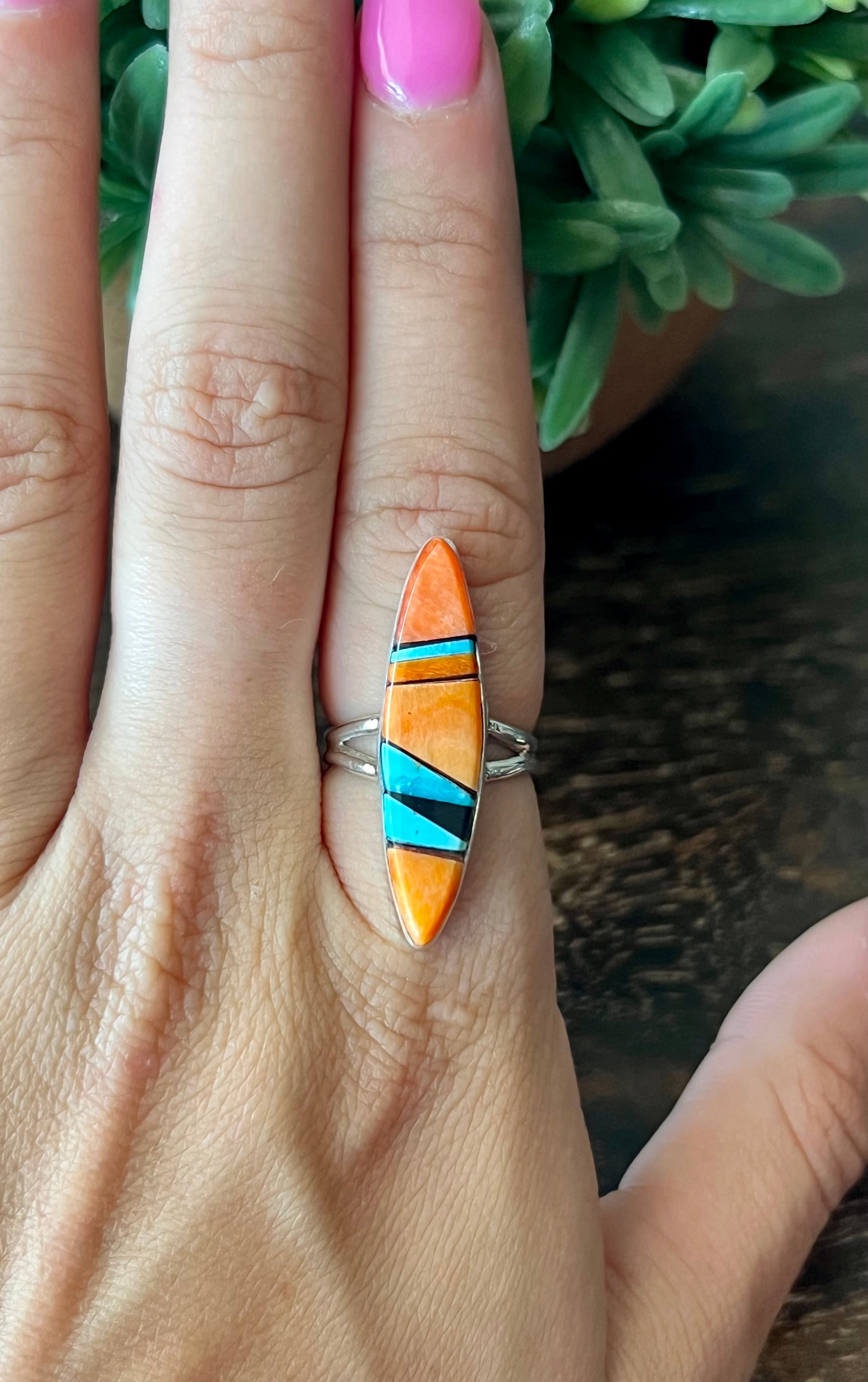 Navajo Made Multi Stone & Sterling Silver Inlay Ring Size 5.25