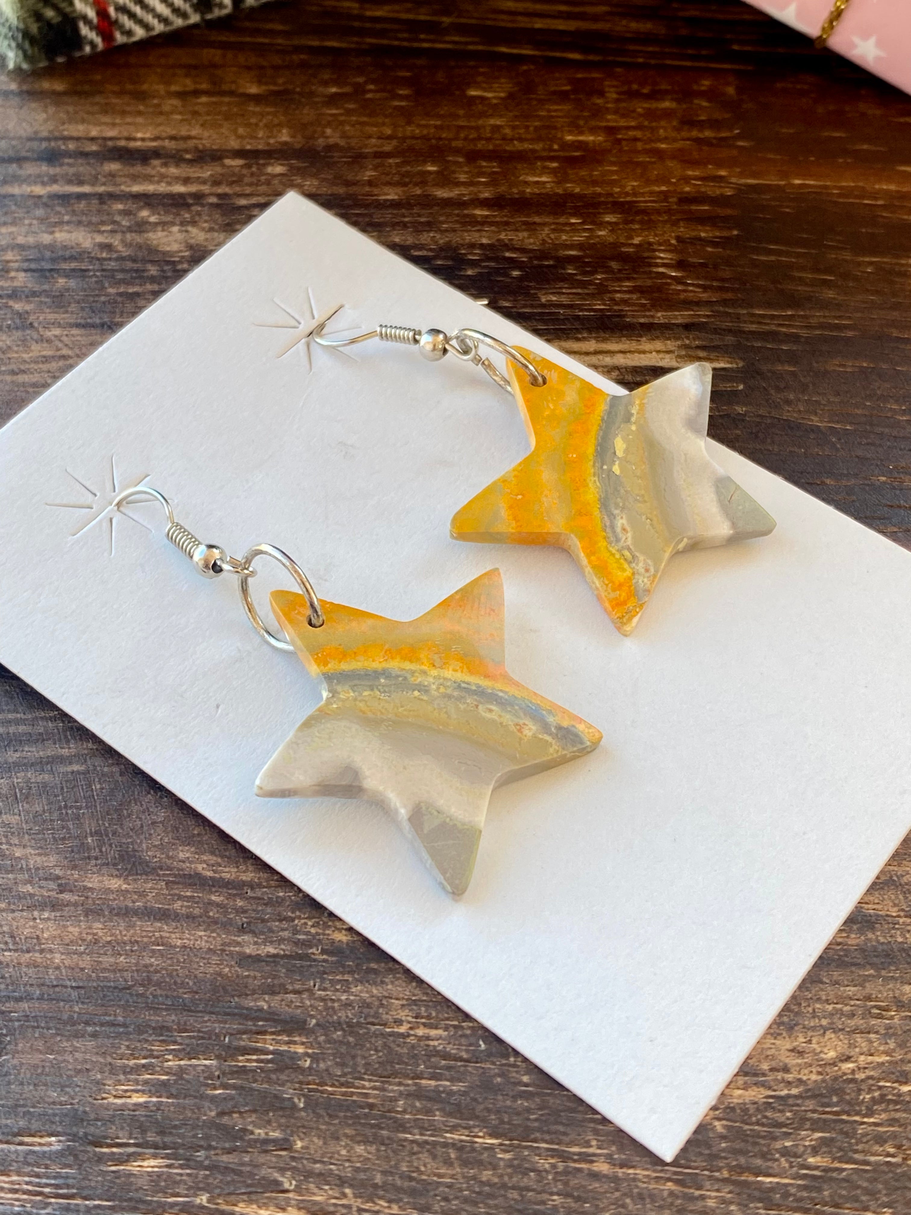 Southwest Handmade Bumblebee Jasper & Sterling Silver Star Dangle Earrings