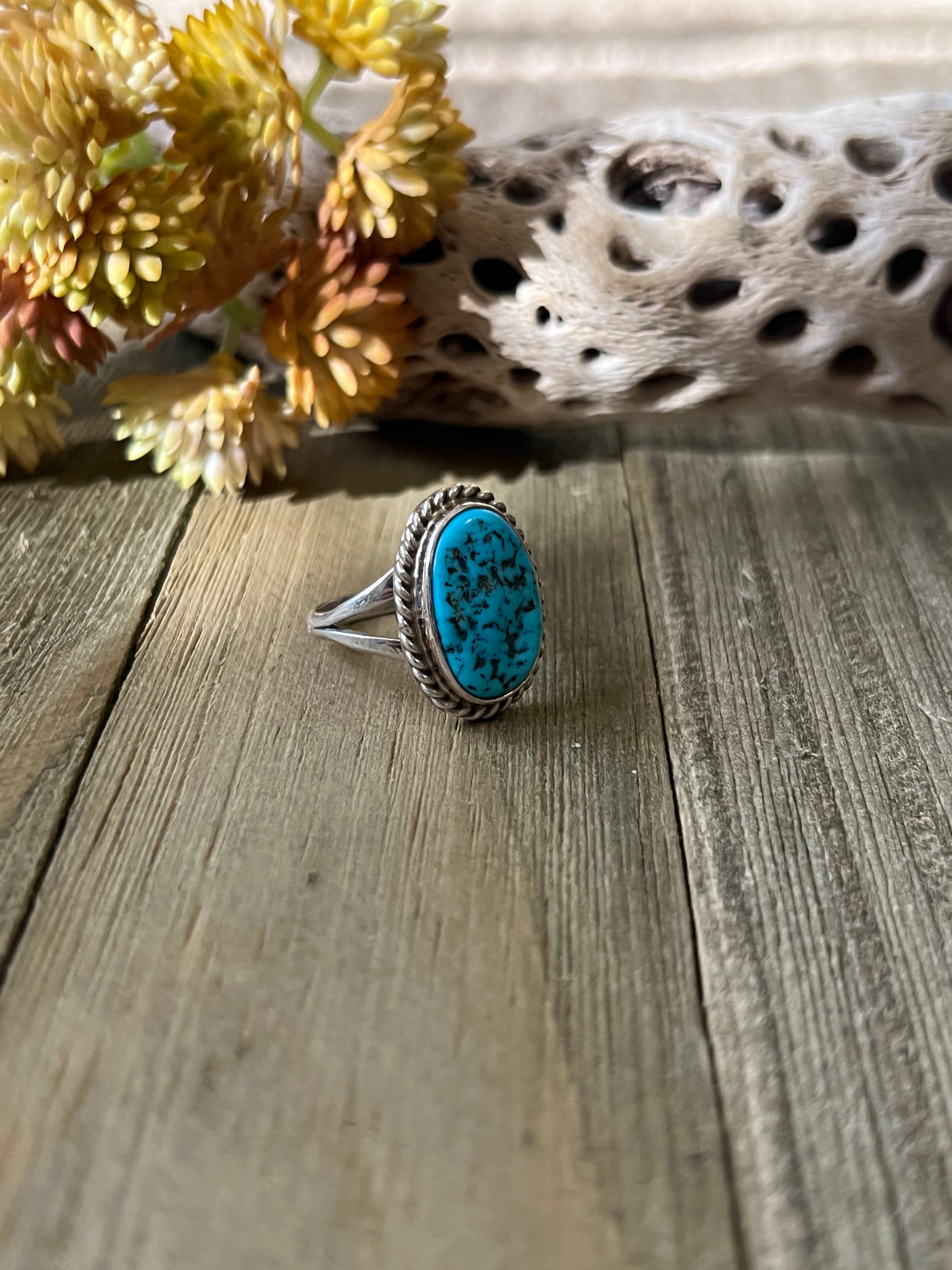 Navajo Made Kingman Turquoise & Sterling Silver Ring Size 7.75