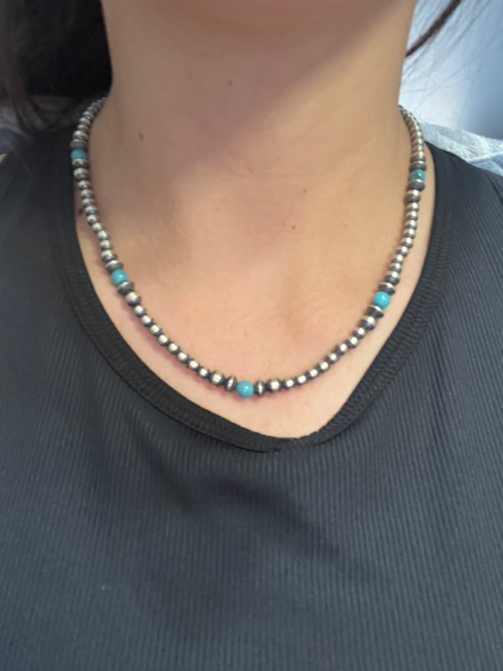 Navajo Strung Royston Turquoise & Sterling Silver Graduated Beaded Pearl Necklace