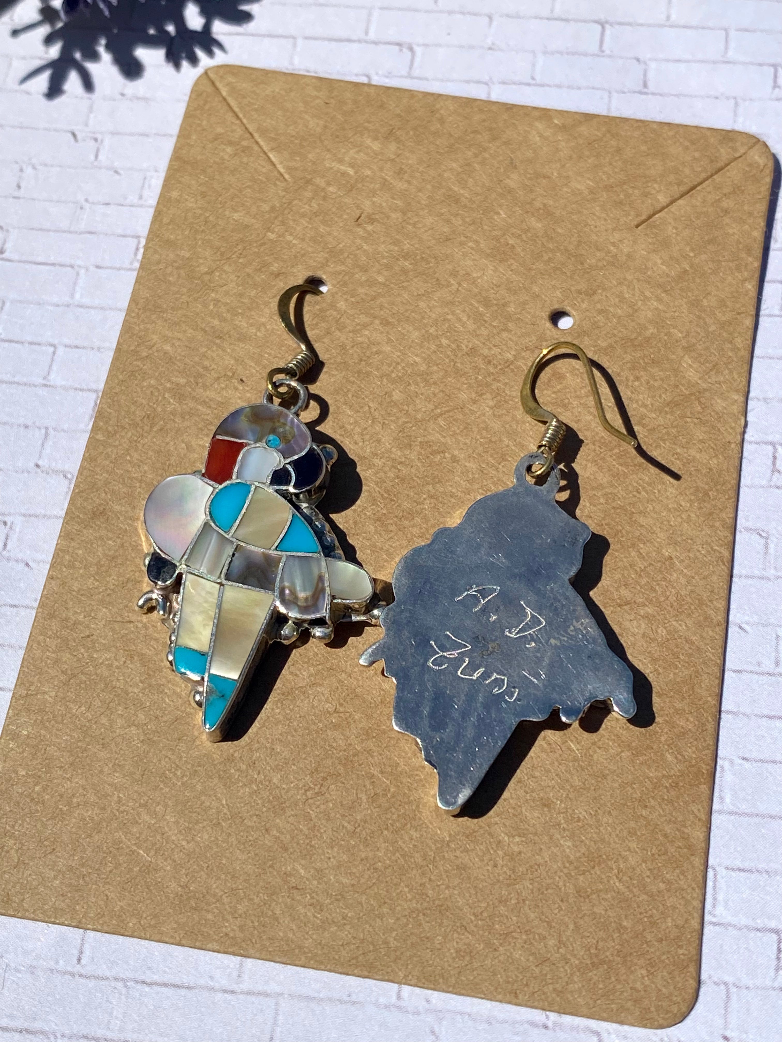 Zuni Made Multi Stone & Sterling Silver Inlay Parrot Dangle Earrings