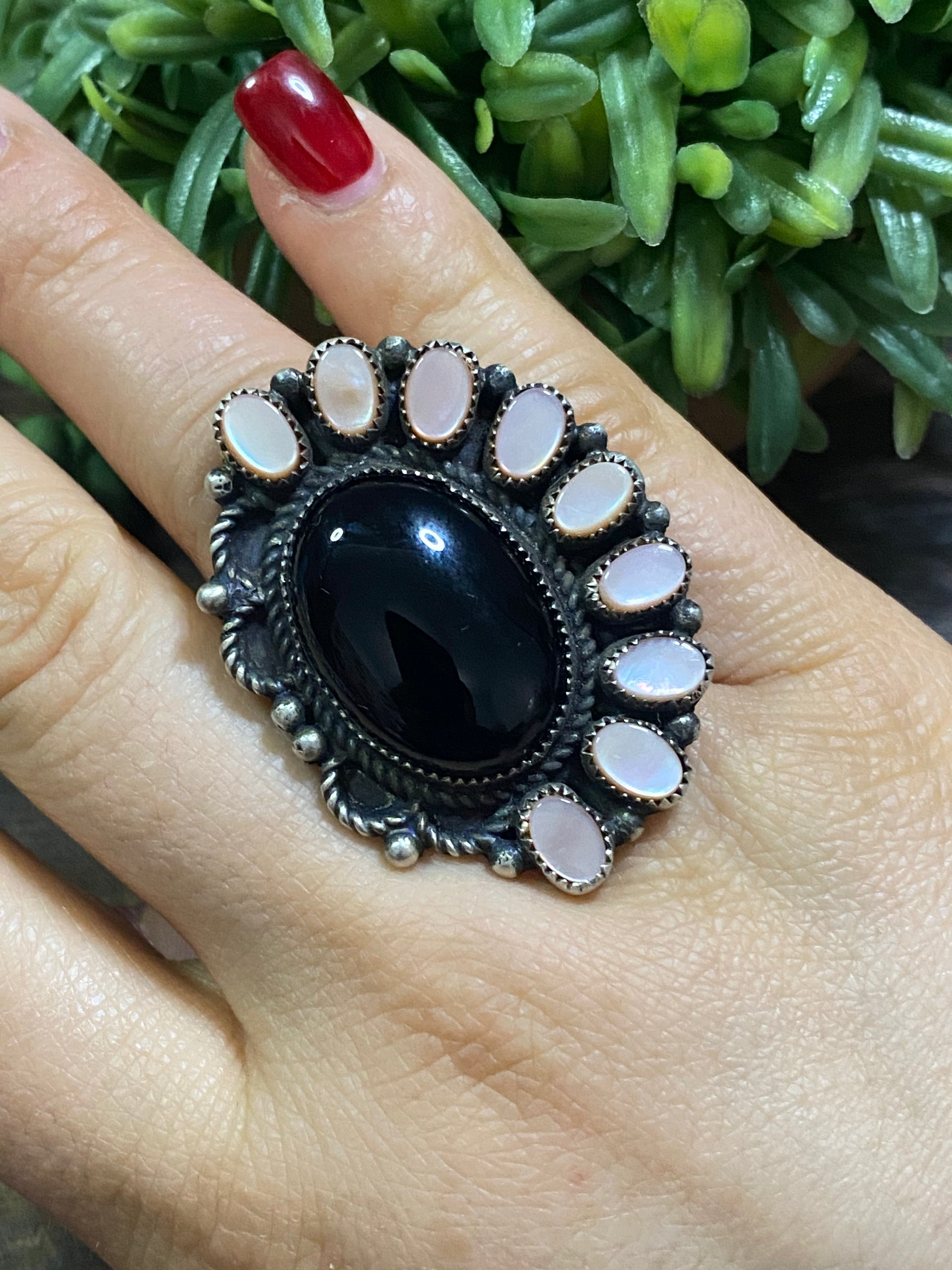 Navajo Made Onyx & Mother of Pearl Sterling Silver Ring Size 8.5