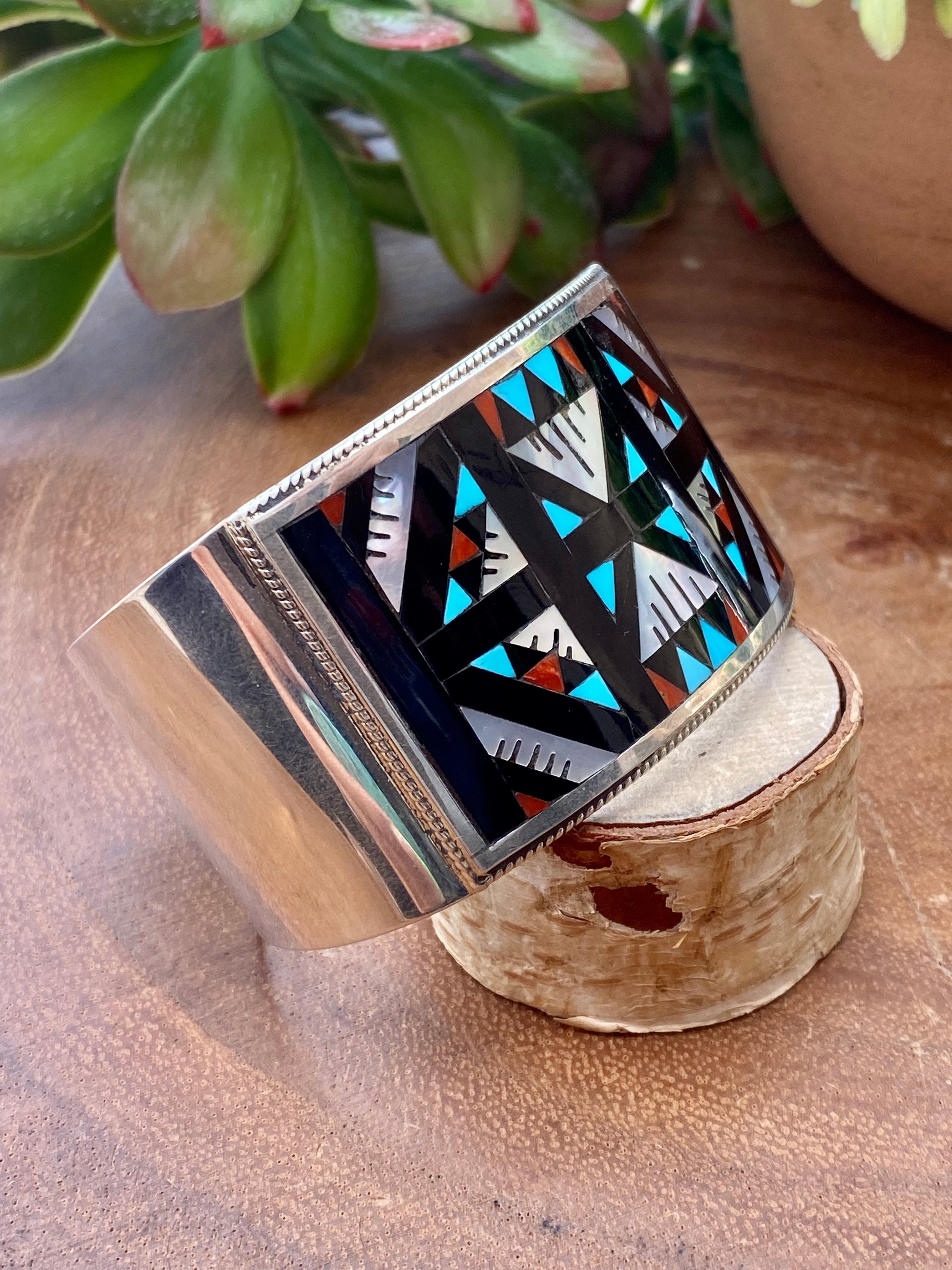 Leander & Lisa Othole Zuni Multi Stone & Sterling Silver Inlay Cuff Bracelet