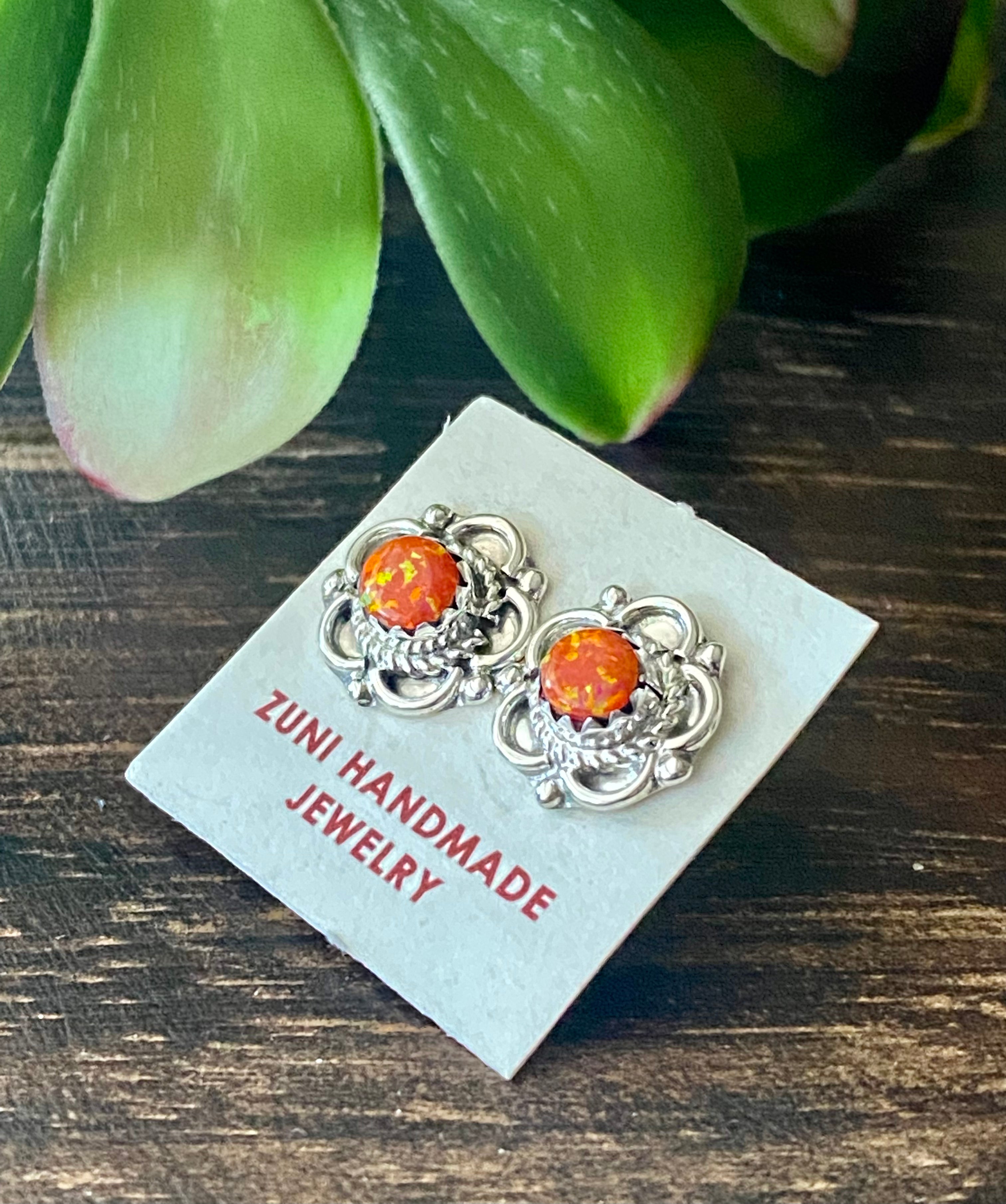 Zuni Made Orange Opal & Sterling Silver Studs Earrings